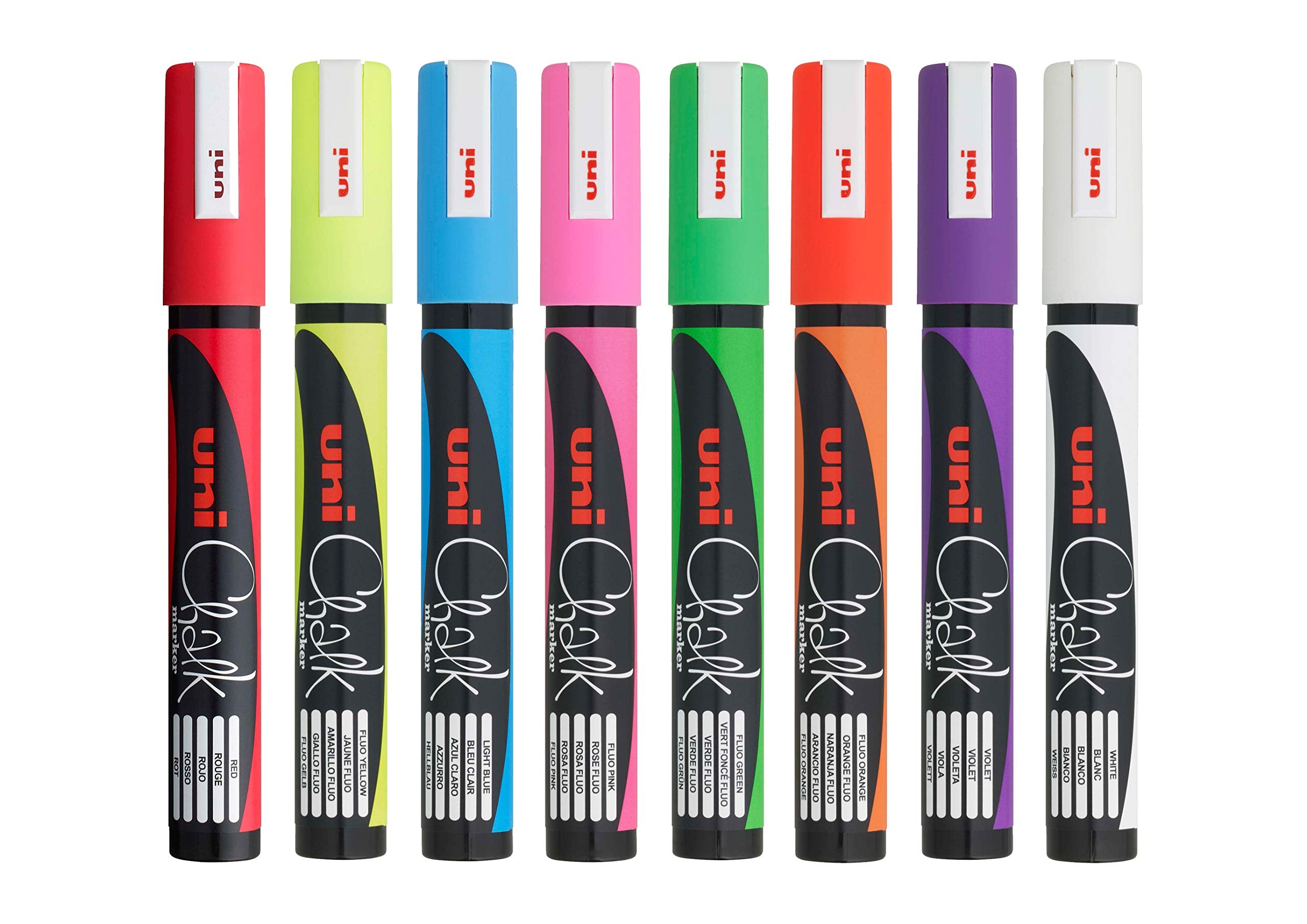 uni-ball PWE-5M Liquid Chalk Pens. Multi-Purpose Wipeable Coloured Markers for Blackboards, Chalkboards, Whiteboards, Glass, Mirrors, Plastic, Windows, Metal. Safe for Kids. Bullet Tip. 8 Pack