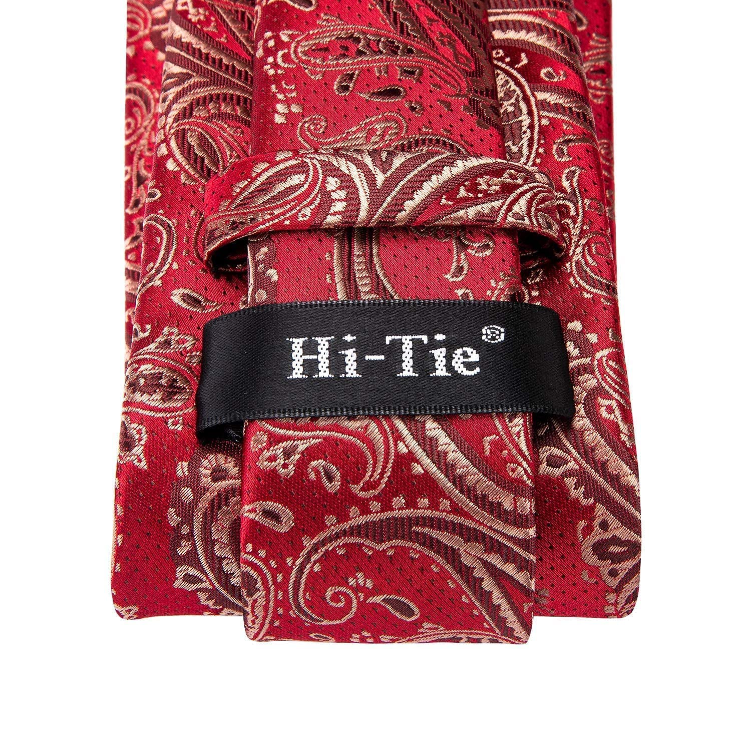 Hi-Tie Gold Red Paisley Men Ties for Wedding Woven Silk Tie Set Pocket Square & Cufflinks Business Party