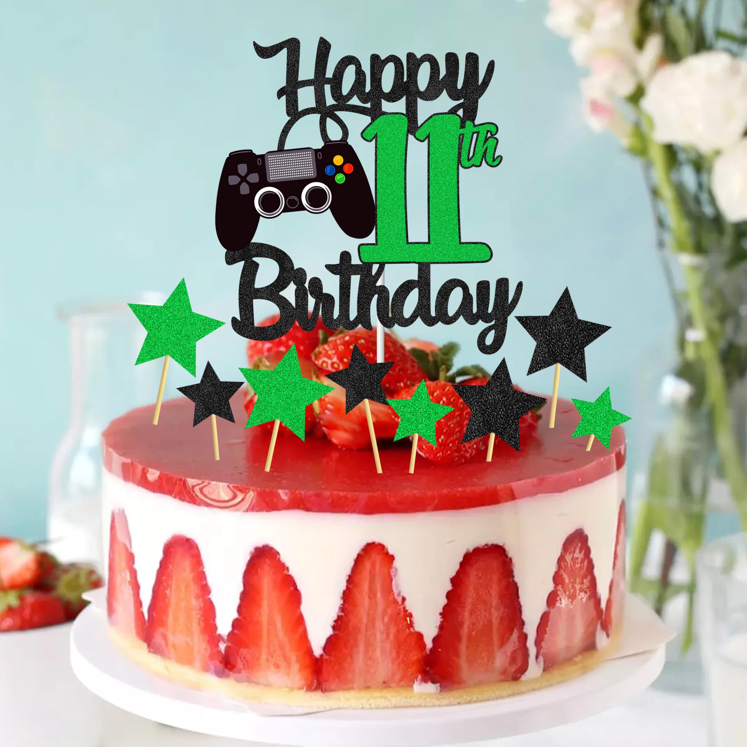 Joyeah Happy 11th Birthday Cake Topper Glitter Video Game Cake Pick Game On Cheers to 11 Years Cake Decoration for Game Theme Happy 11th Birthday Party Supplies Green