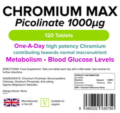 Lindens Chromium Max 1000mcg Picolinate - 120 Tablets   Detox, Metabolism, Blood Glucose,   Mega Potency (2500% NRV)   4 Months Supply, UK Manufacturer, Letterbox Friendly, Vegan