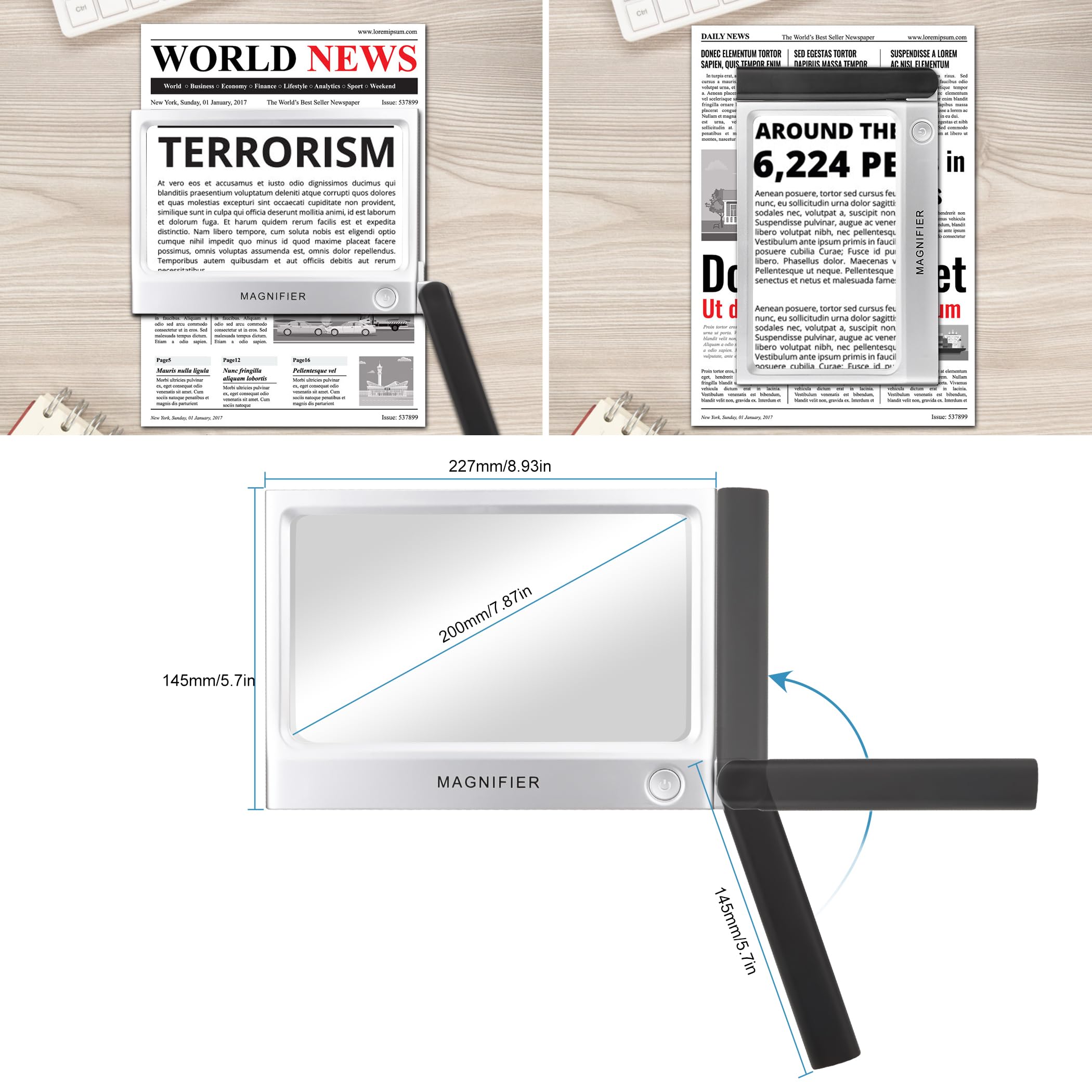 Magnifying Glass with Light, Folding Handheld 5X Large Rectangle Lighted Magnifier with Dimmable LED for Macular Degeneration Seniors Reading Newspaper, Books, Lighted Gift for Low Visions