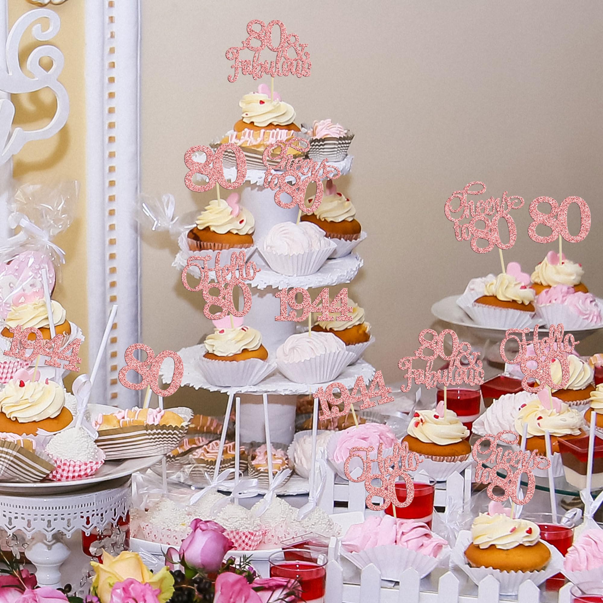 Gyufise 30Pcs 80th Birthday Cupcake Toppers 80 Fabulous Cupcake Picks Cheers to 80 1944 Cake Decorations for Happy 80th Birthday Wedding Anniversary Party Decoration Supplies Rose Gold