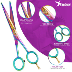 Candure Hairdressing Scissor Hair Scissor for Professional Hairdressers Barbers Stainless Steel Multi Color Hair Cutting Shears for Salon, Men, Women, Children and Adults (Rainbow, 6.5 inches)