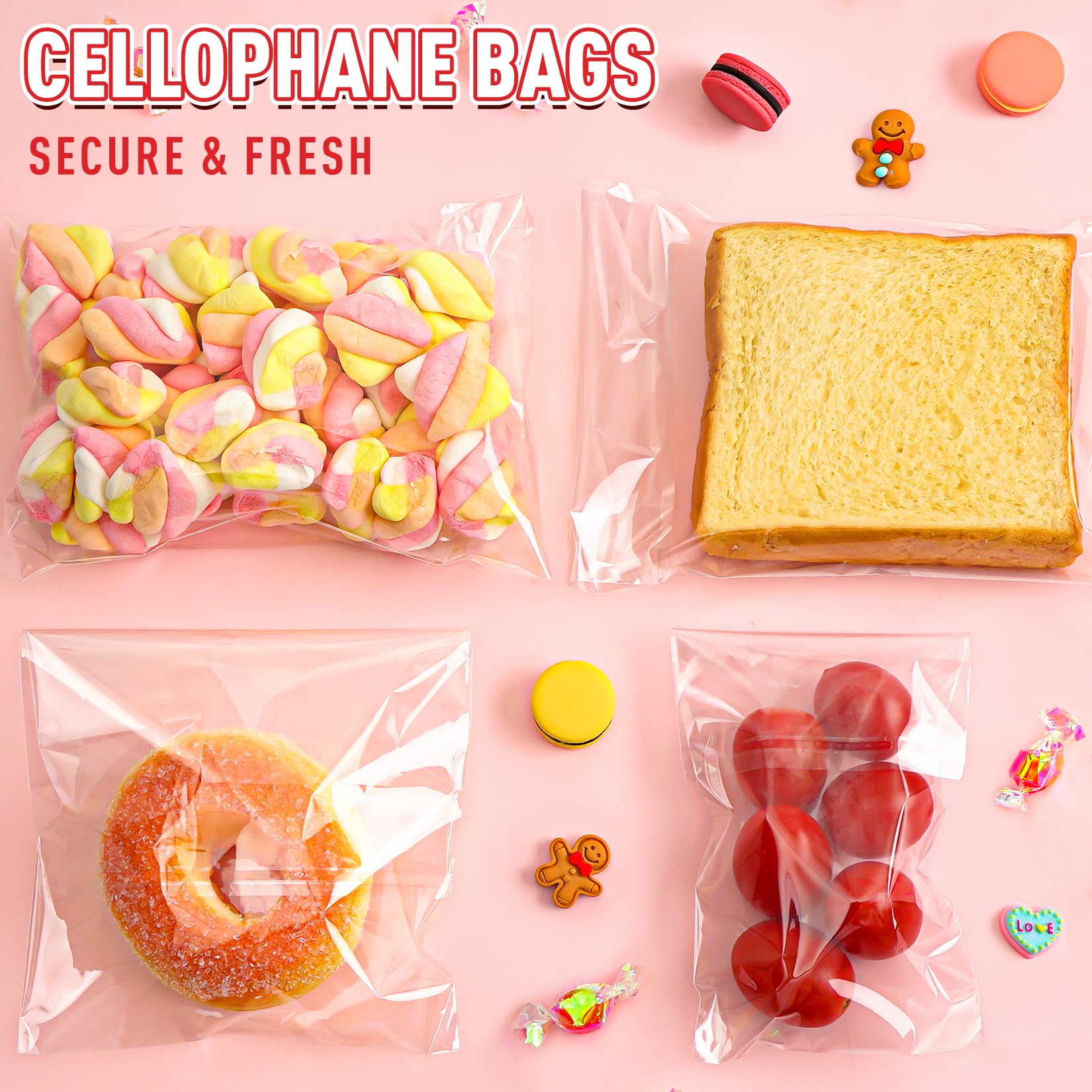 Artcut 300 PCS Cellophane Bags, 3 inches X 5 inches Cookie Bags, Self Adhesive Clear Bags, Small Plastic Bags, Clear Cellophane Bags, Sweet Bags Treat Bags, Self Seal Bags for Sweets, Gifts, Jewellery