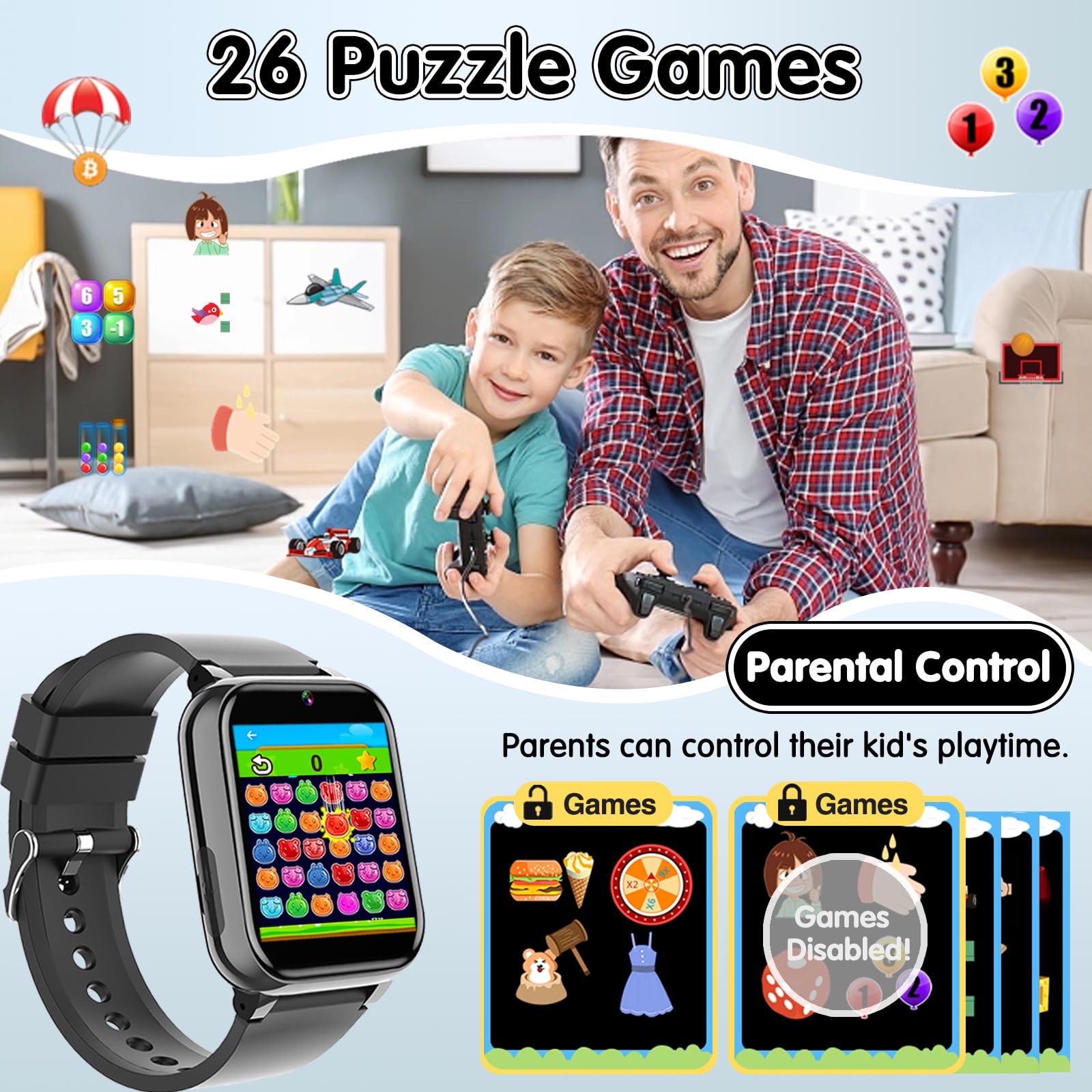 JYNZYUPO Kids Smart Watch,Smart Watch for Kids,Kid Watch with Sim Card Phone Calls,SOS,Games,Music,Camera,Birthday Gift,Smartwatches for Children Kids Boys Girls 3-12 Years Old Blue