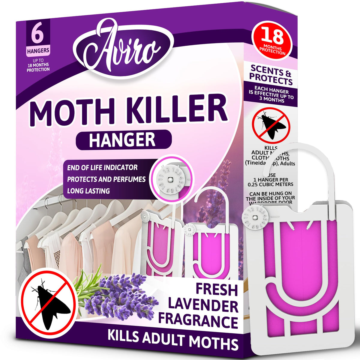 Aviro Moth Repellent for Wardrobes - 6 Moth Killer Hangers with Natural Lavender Scent. Highly Effective Moth Killer for Wardrobes, Drawers and Clothes Storage. Easy to Use Moth Repellent for Clothes