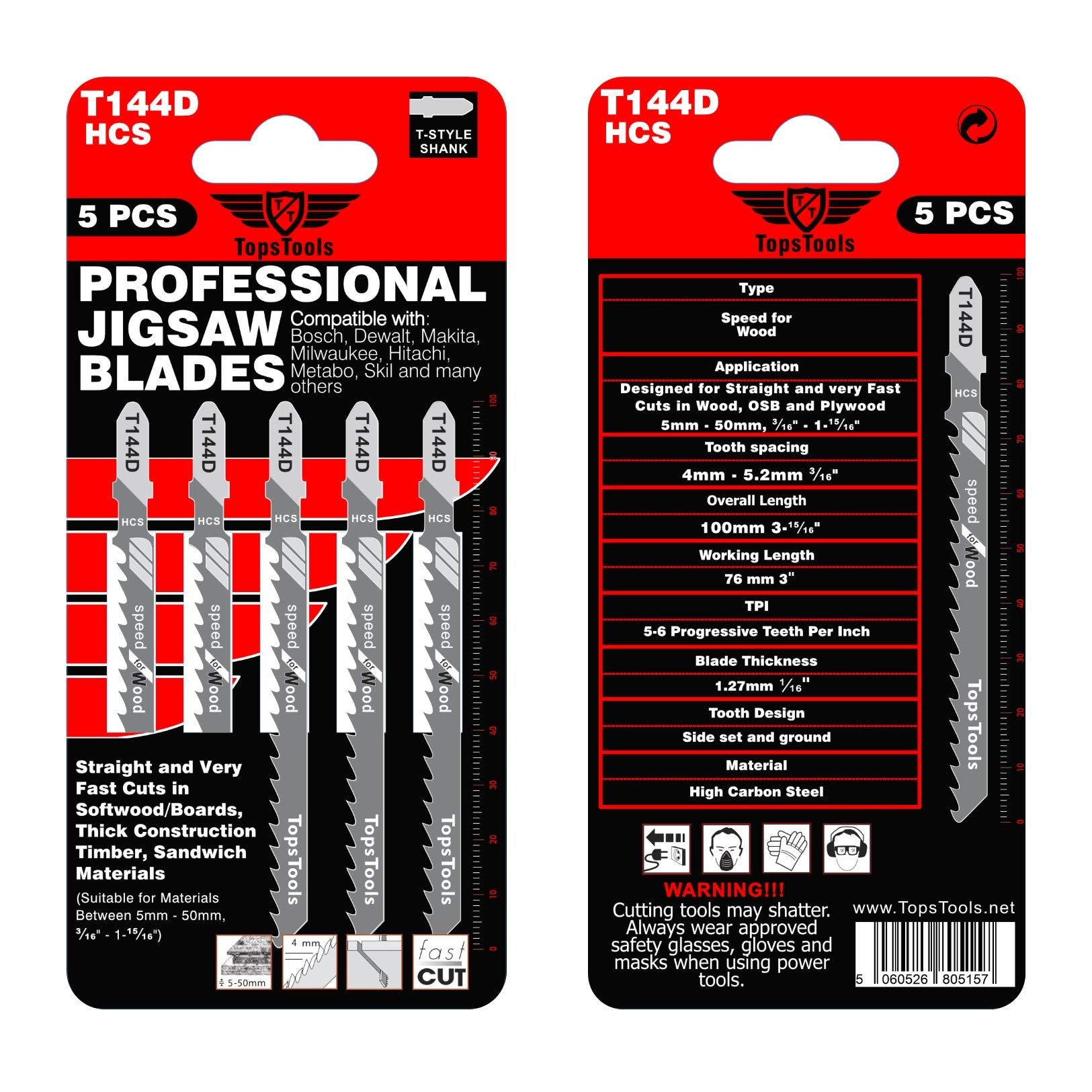 15 x TopsTools T144D Straight and Fast Cuts Carbon Steel Jigsaw Blades Compatible with Bosch, Dewalt, Makita, Milwaukee and many more, Engineered Wood