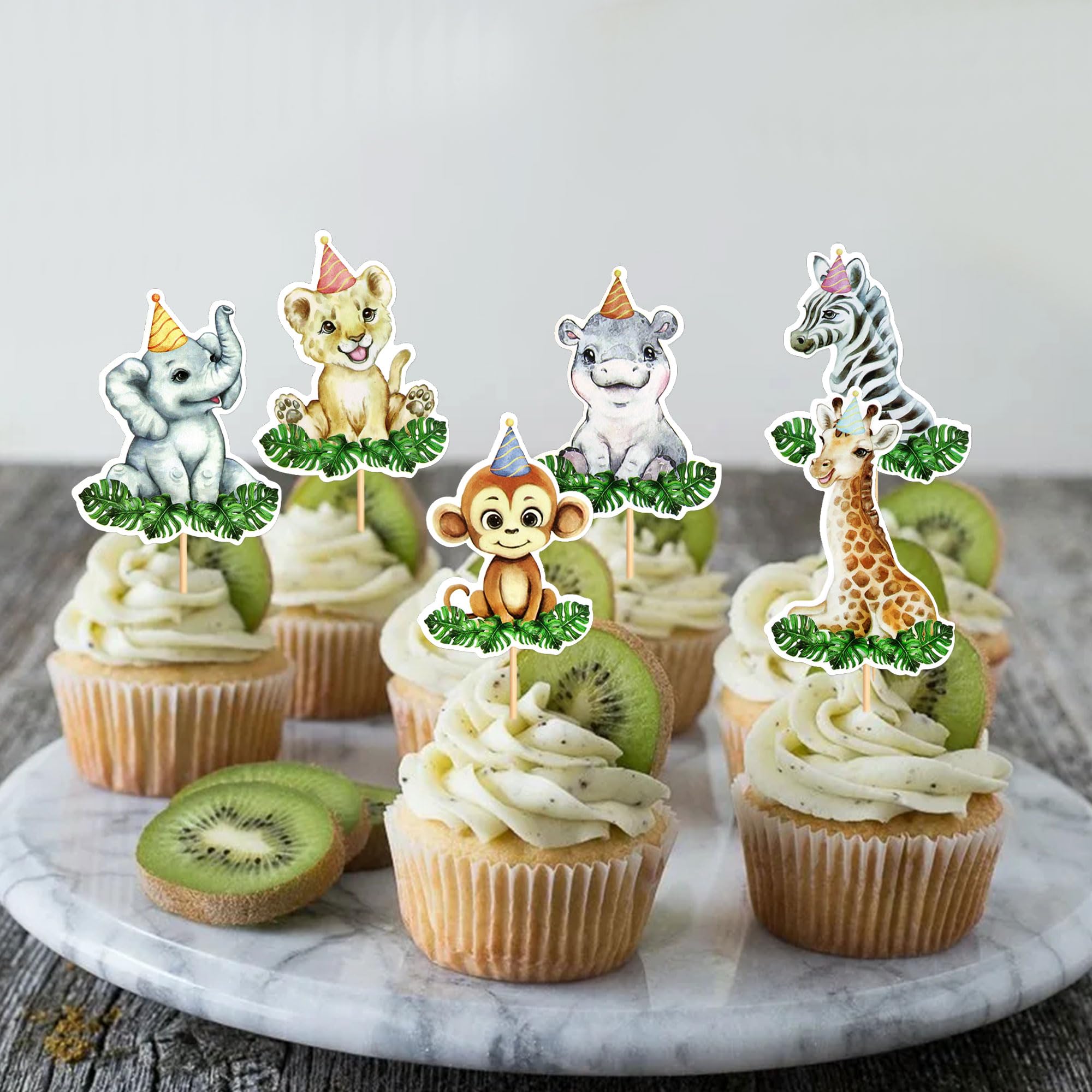 Blumomon 24Pcs Jungle Safari Animal Cupcake Toppers Happy Birthday Cake Decor for kids Wild Jungle Animal Theme Birthday Party Supplies Celebrating Party Events Baby Shower