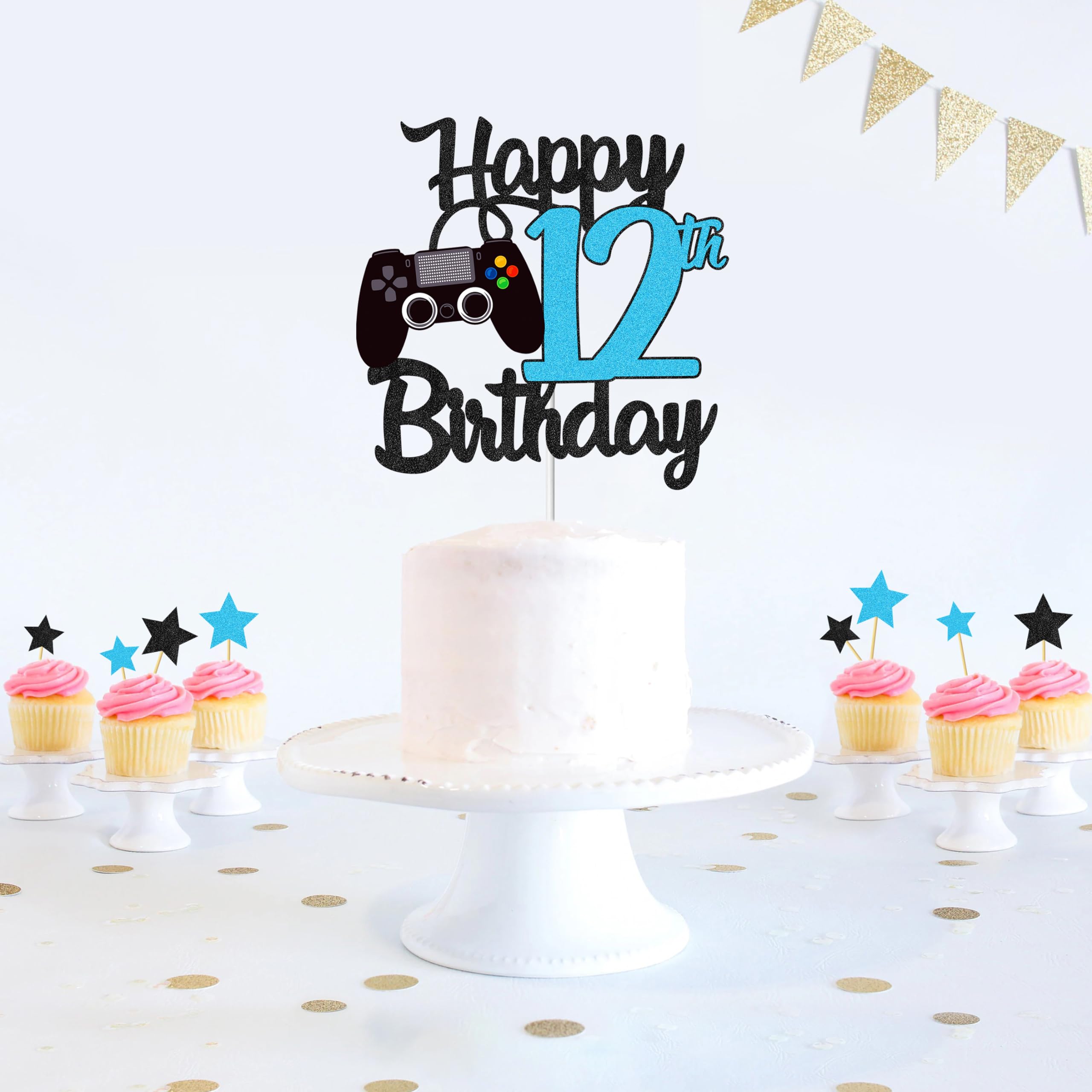 Joyeah Happy 12th Birthday Cake Topper Glitter Video Game Cake Pick Game On Cheers to 12 Years Cake Decoration for Game Theme Happy 12th Birthday Party Supplies Blue