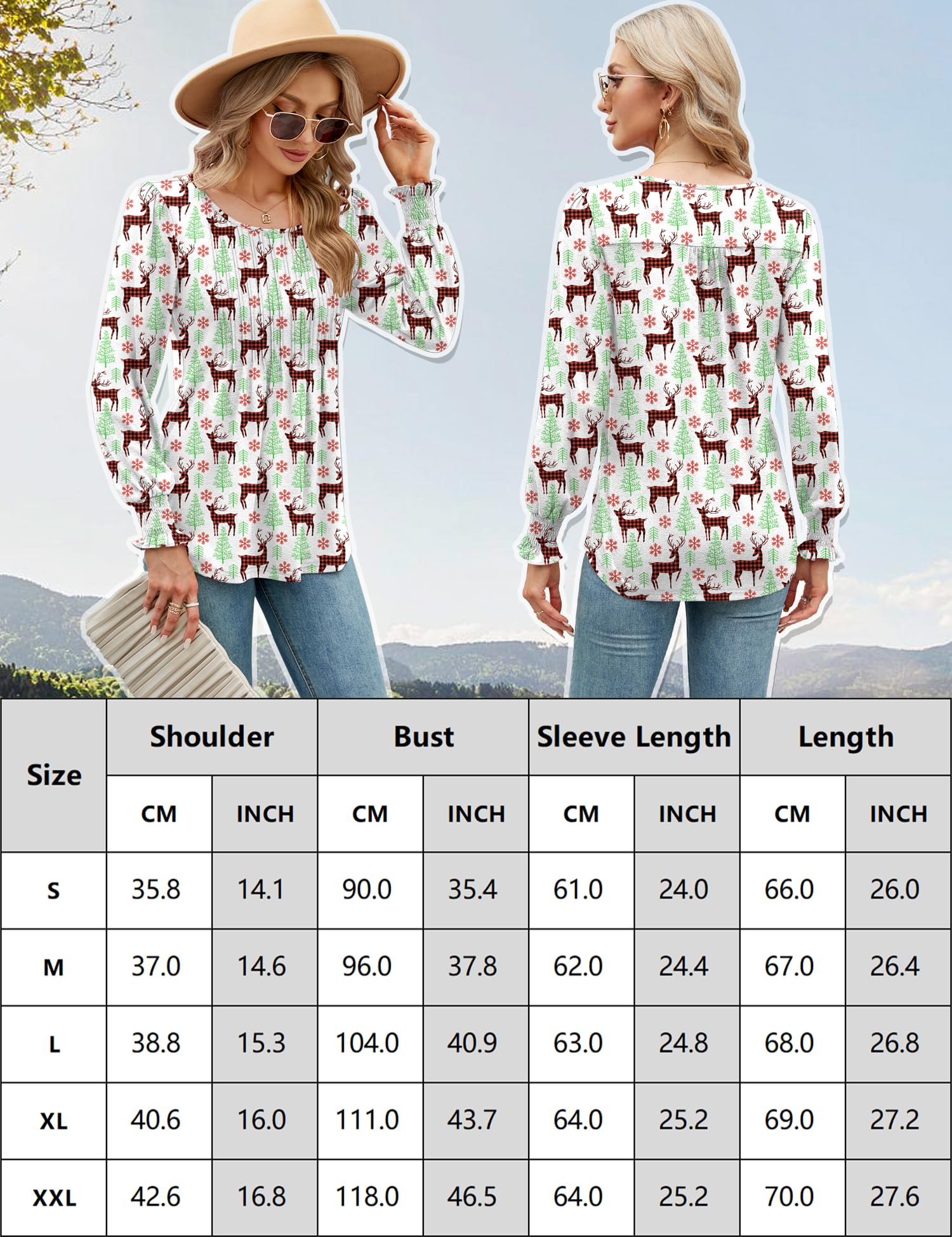 Rapbin Women Puff Blouse Tops Christmas Crew Neck T Shirt Long Sleeve Pleated Longine Shirts with Smocked Cuffs Santa White M