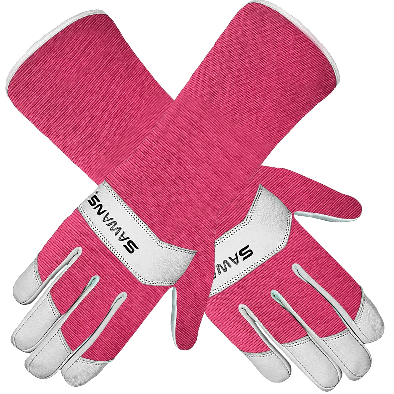 SAWANS Long Gardening Gloves Leather Ladies Men Women Durable Goatskin Garden Gloves Forearm Protection Thorn Proof Gardener Work Spandex Sleeves Rose Pruning Gift (Pink, M)