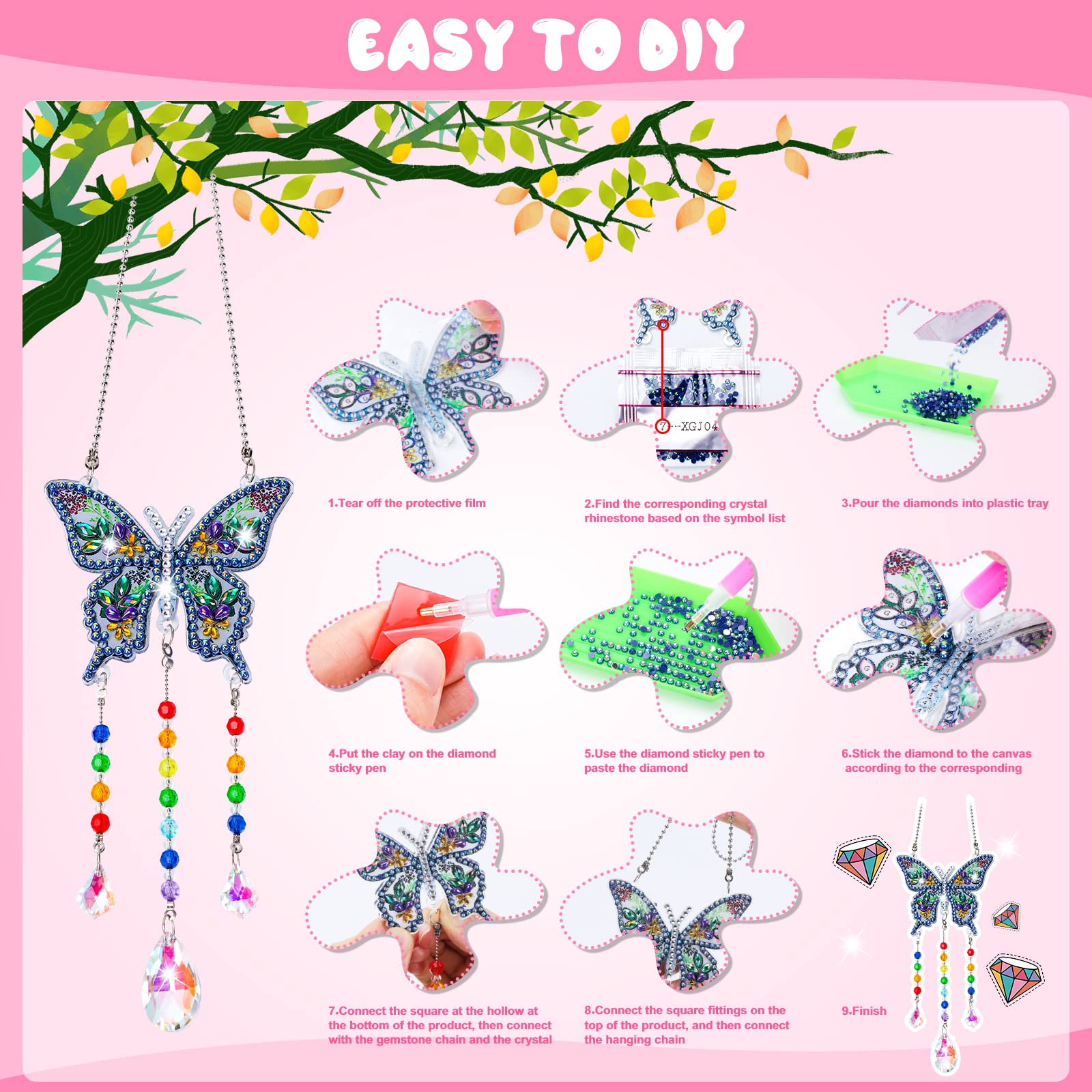 Gifts for 6 7 8 9 10 Year Old Girls Boy: Arts and Crafts Toy for Kids Age 8-10 Diamond Painting Kits Presents for 5-12 Year Old Girl Toys Wind Chime Crystal Suncatchers for Windows Garden Decorations