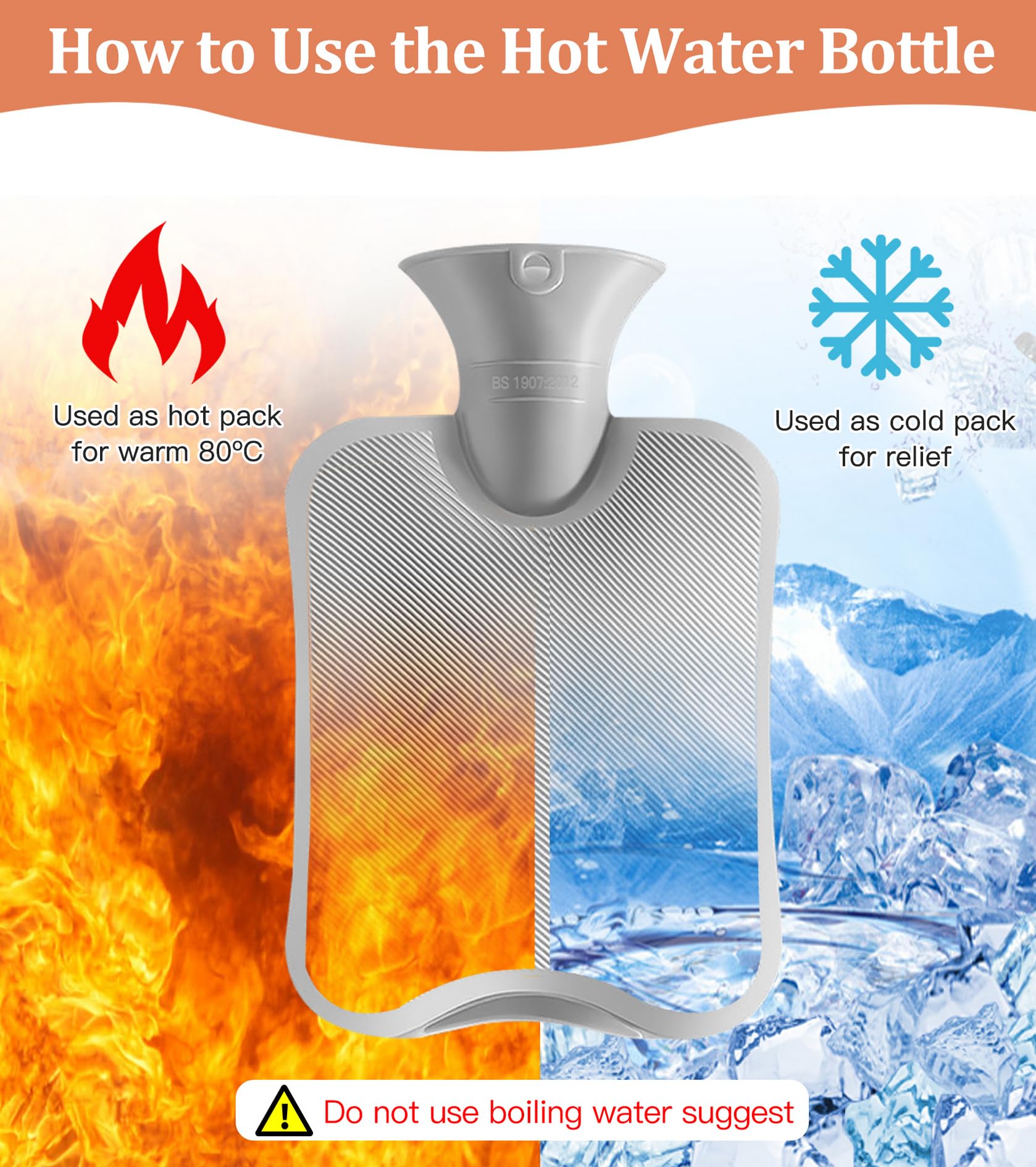 YIFOV Hot Water Bottle with Cover, 2L Large Capacity Premium Natural Rubber Hot Water Bag, Soft Fleece Cover Helps Provide Warmth and Pain Relief, Great Gift Ideal for Parents, Children