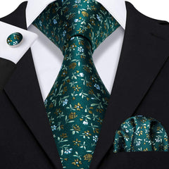 Barry.Wang Man Green Floral Necktie Set Silk Woven Solid Fashion Handkerchief Cuff Links Business Ceremony