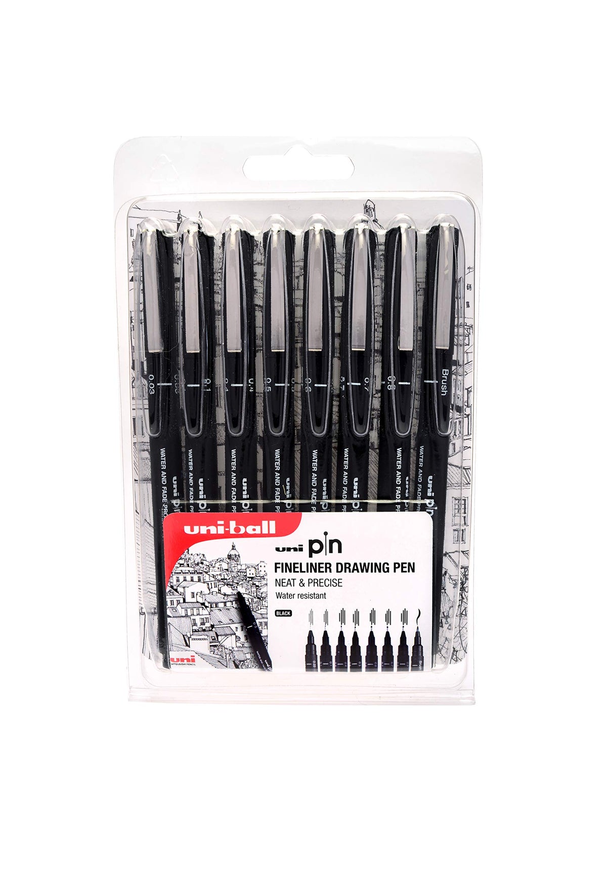 UNI Pin 8 Piece Black With Brush, UUAPIN8BC