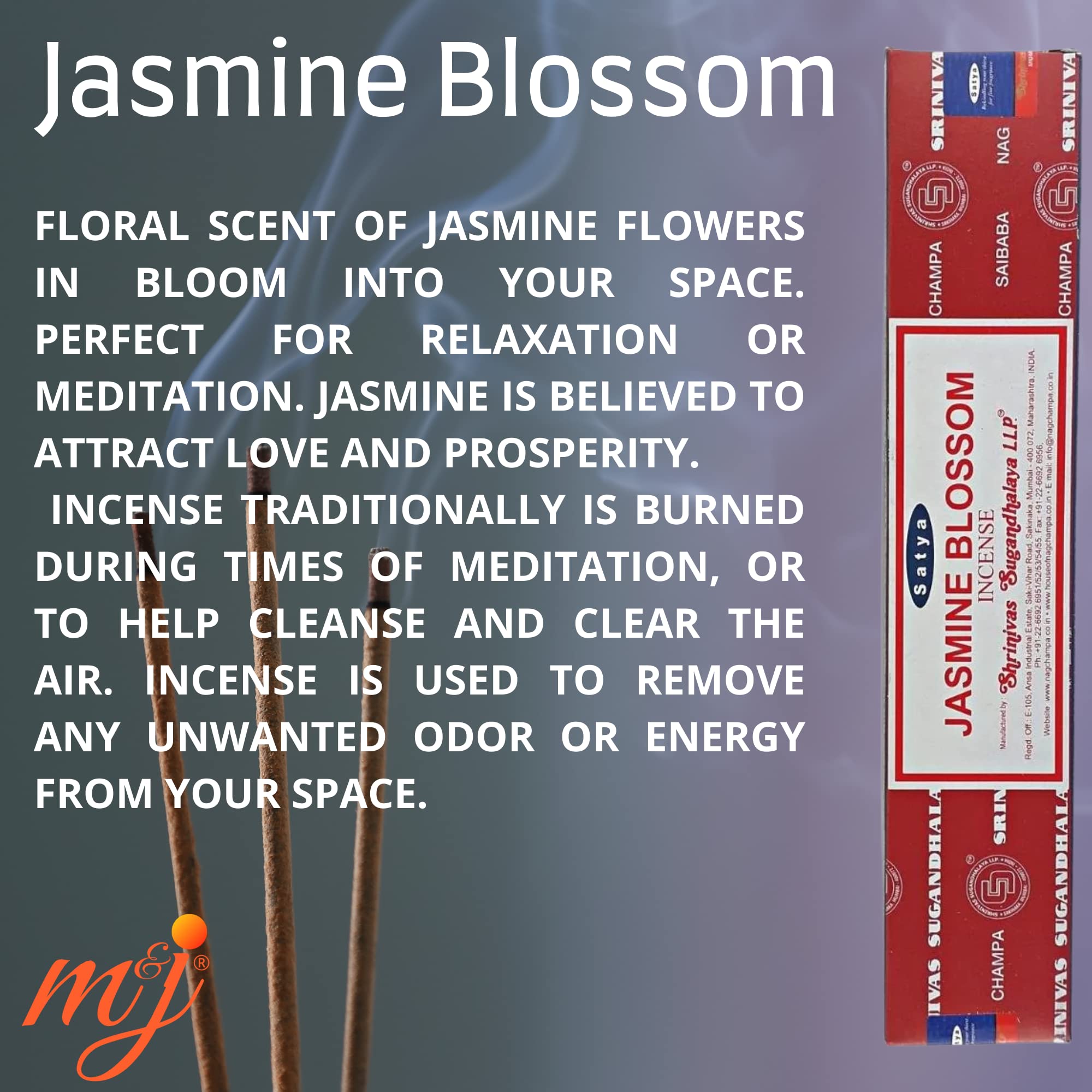 Original Satya Nag Champa Jasmine Blossom Incense Sticks   with M&J incense sticks holder   x4 pack   for Aromatherapy, Spa, Yoga, Weddings, Meditation, Healing, Positivity and Relaxation