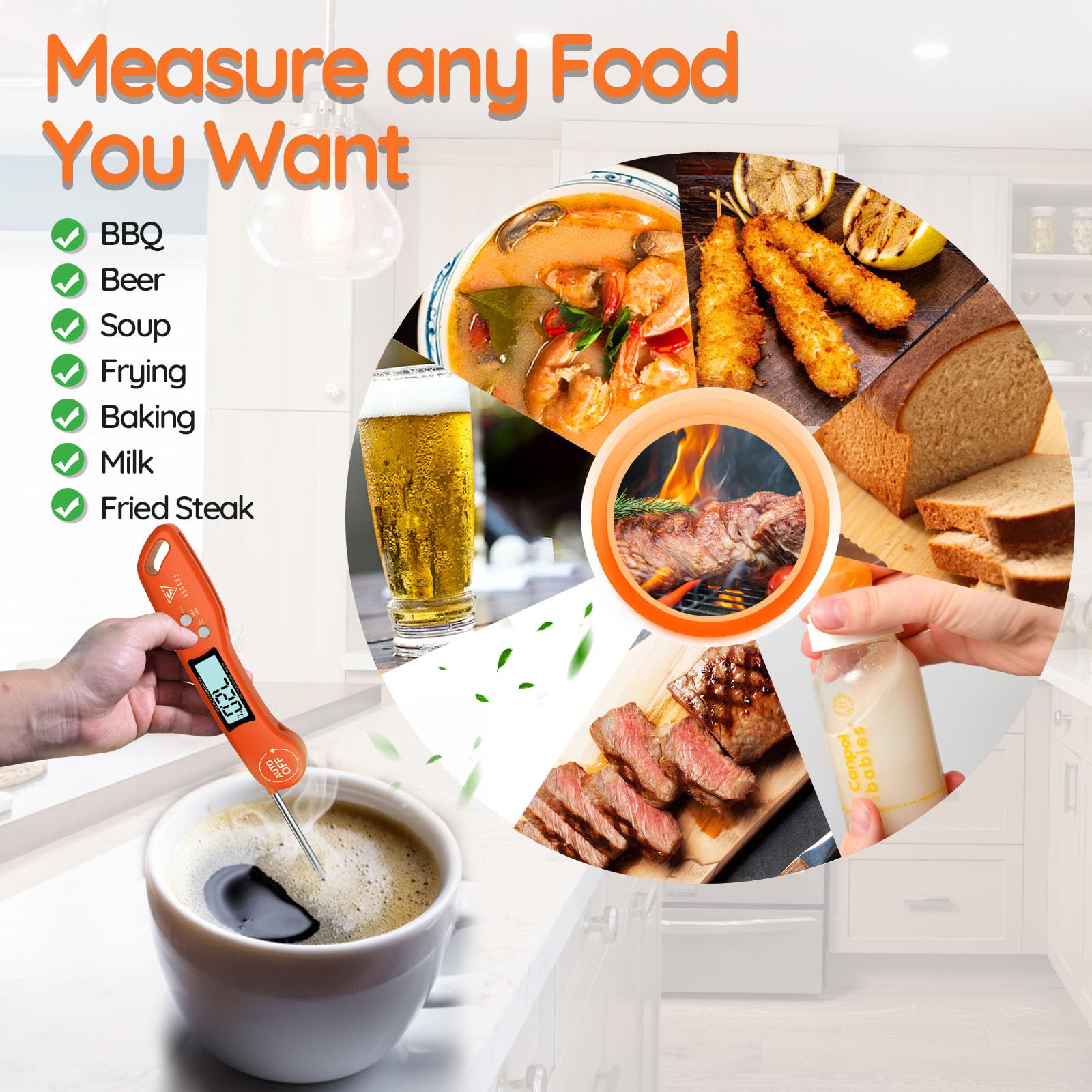 DOQAUS Food Thermometer, Instant Read Meat Thermometers, Digital Cooking Thermometer, Backlight LCD Screen Foldable Long Probe & Auto On/Off, Perfect for Kitchen Cooking, BBQ, Water,Meat, Milk(Orange)