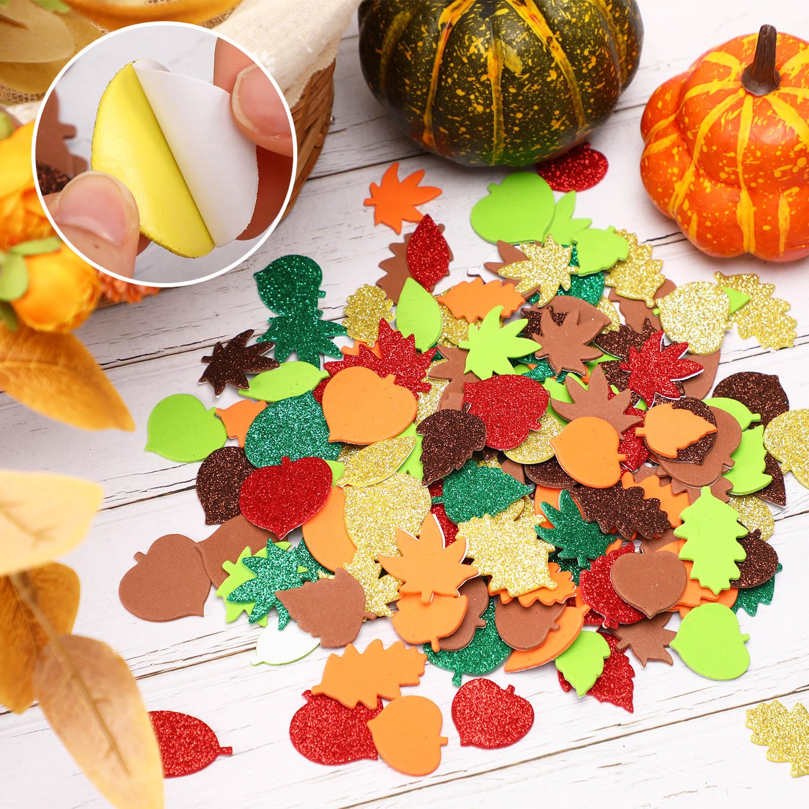 JULBEAR Fall Leaf Foam Sticker, 300Pcs Autumn Thanksgiving Glitter Maple Leaves Self Adhesive Foam Stickers for Kids Thanksgiving Party Favors DIY Crafts Thanksgiving Decorations