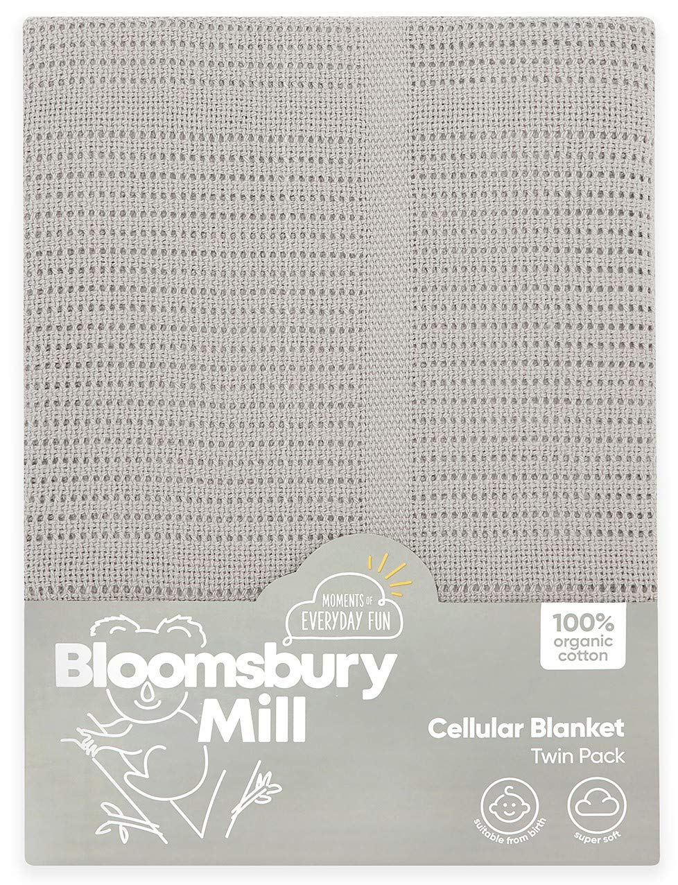 Bloomsbury Mill - Twin Pack - 100% Pure Organic Cotton - Extra Soft Cellular Baby Blankets – Swaddle Blanket – Baby Essentials for Newborn – Cot Bed/Pram/Travel/Moses Basket - Grey