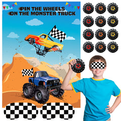 ASTARON Pin The Tail Games on The Truck Party Game with 30 Tyres for Car Theme Birthday Party Supplies Pin Game, Boys Party Baby Shower Background Christmas Party Gifts Favors Decorations