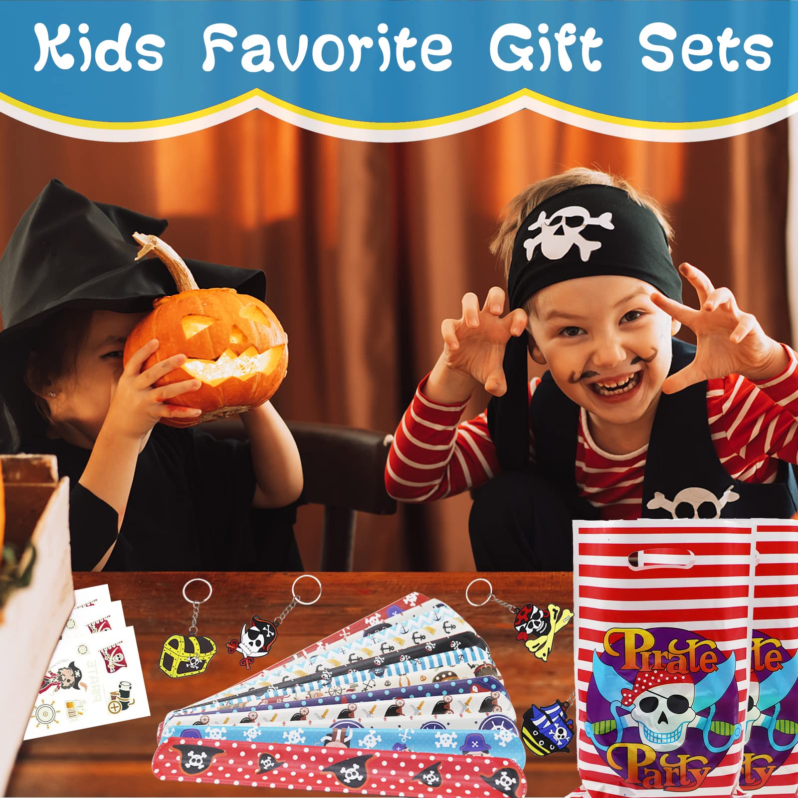 Pirate Party Bag Fillers for Kids Boys Girls, 42Pcs Pirate Theme Assorted Toys Pinata Filler with Slap Bands Stickers Keychains Gift Bags Lucky Dip Prize Party Favours for Birthday Gift Halloween