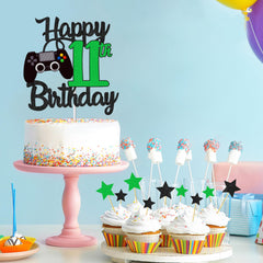 Joyeah Happy 11th Birthday Cake Topper Glitter Video Game Cake Pick Game On Cheers to 11 Years Cake Decoration for Game Theme Happy 11th Birthday Party Supplies Green