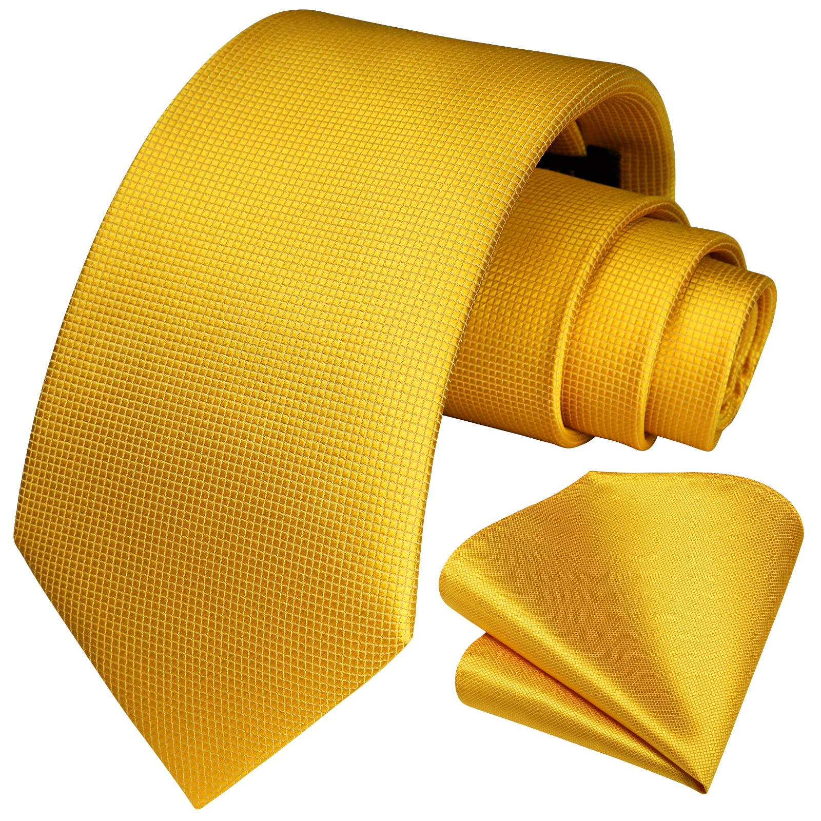 HISDERN Yellow Ties for Men Pocket Square Plaid Necktie and Handkerchief Set for Wedding Formal Business