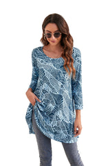 Enmain Womens Blue Floral Long Sleeve Tunic Top Loose Blouse T Shirt Ladies Swing Dress Top Elegant Stretch Round Neck Longline Blouse S