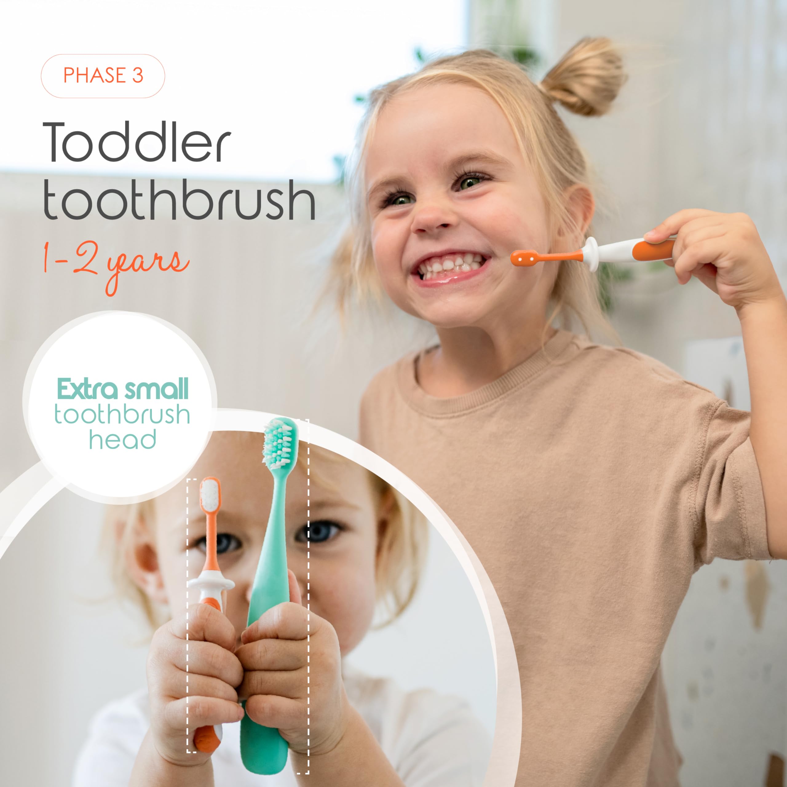 Cherish Baby Care Baby Toothbrush 0-2 Years - Safety-Tested & BPA-Free 3-Pack (Finger Toothbrush Baby, Silicone Toothbrush Baby, and Toddler Toothbrush) - Baby's First Toothbrush Kit (Orange)