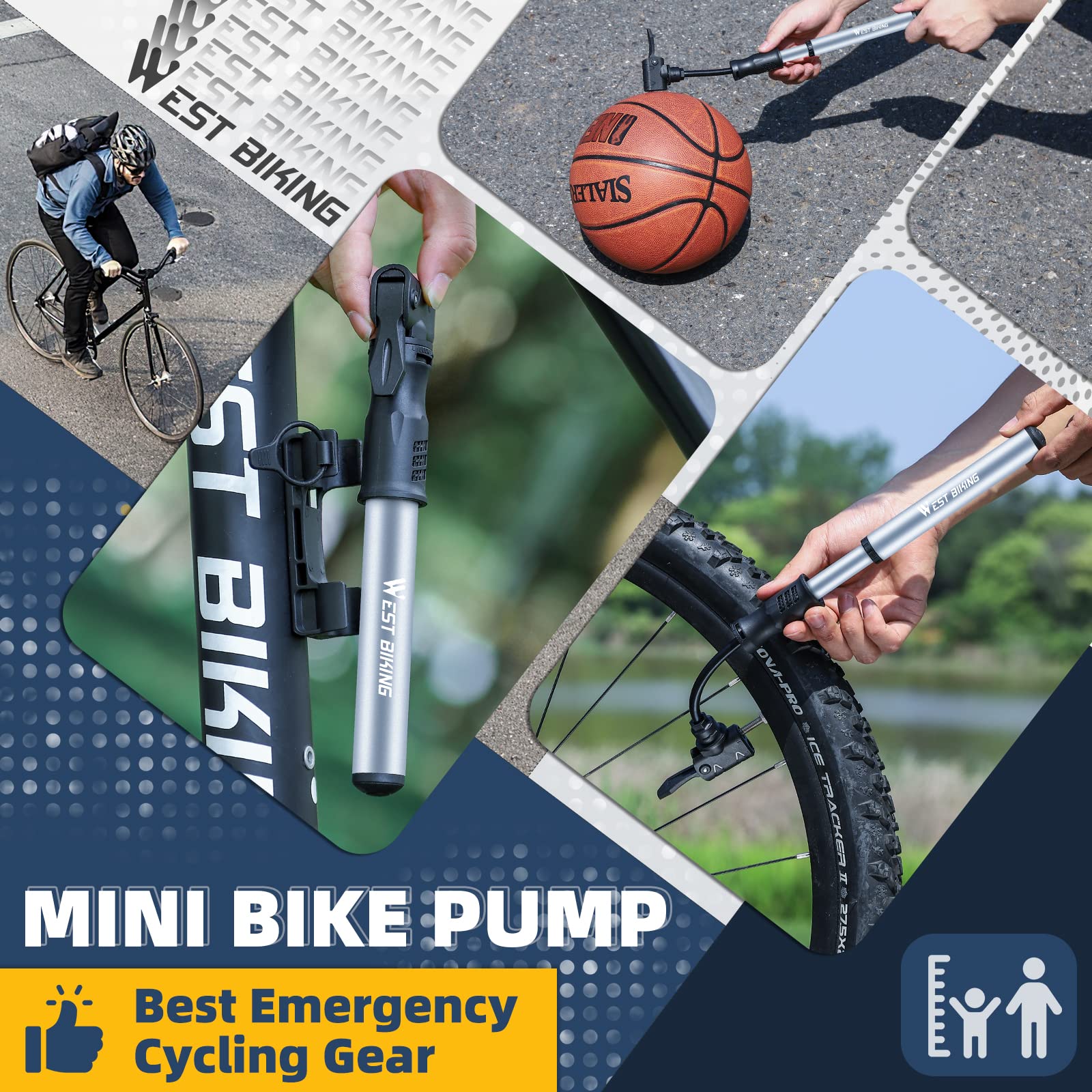 Bicycle Pump Mini Bike Pump - Aluminum Alloy Cycle Pump for Presta & Schrader Valve, Portable Lightweight Bike Tyre Pump Fast Tyre Inflation Mini Air Pump For Mountain Road Bike Ball Pump (Silver)