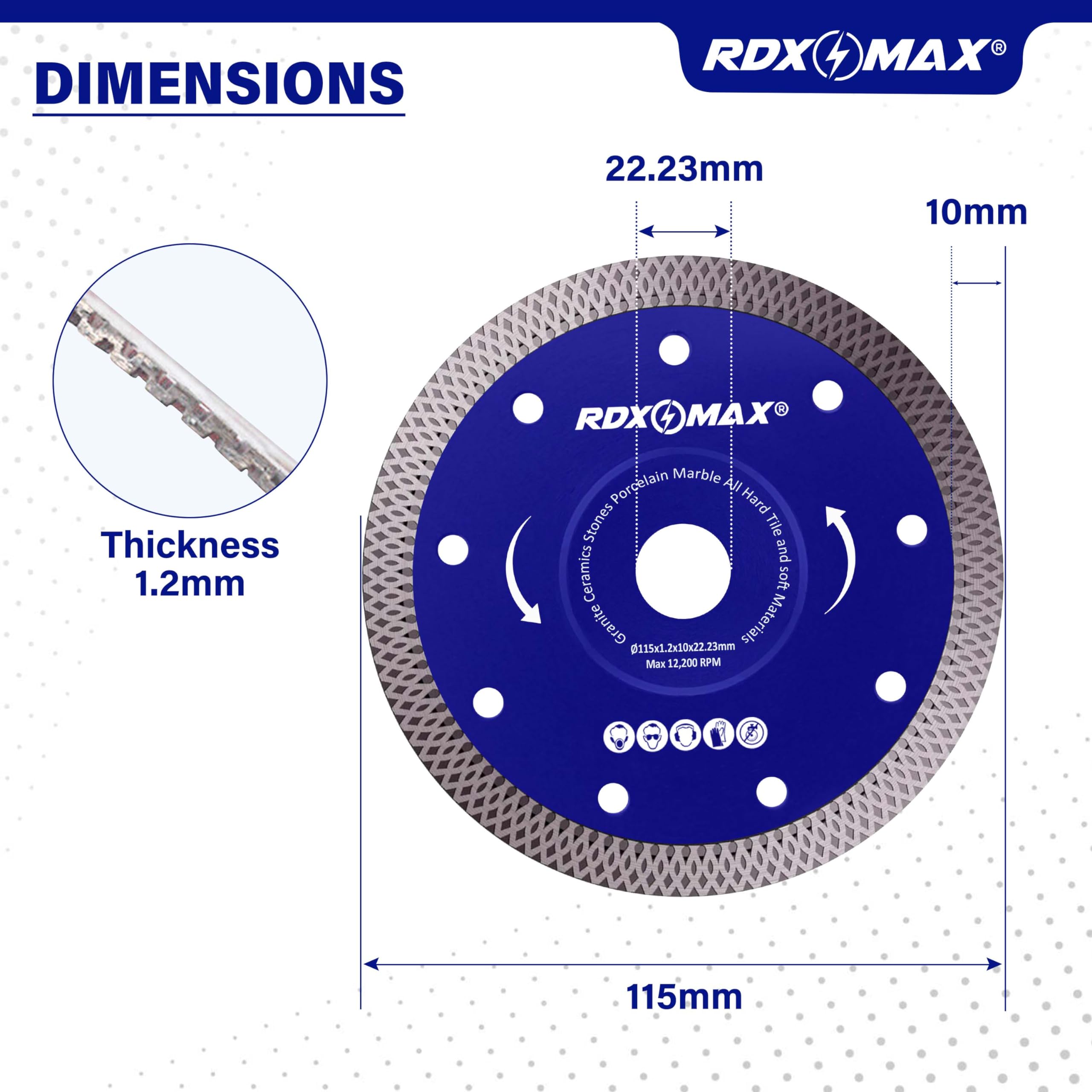 RDXMAX ® 115mm Diamond Cutting Discs for Angle Grinder - Super Thin Fast, Clean Cut on Porcelain, Granite, Marble, Concrete, Tiles, Stones, Bricks & Ceramics- 4.5 inches Wheel - Size 115 x 1.2 x 22.23mm