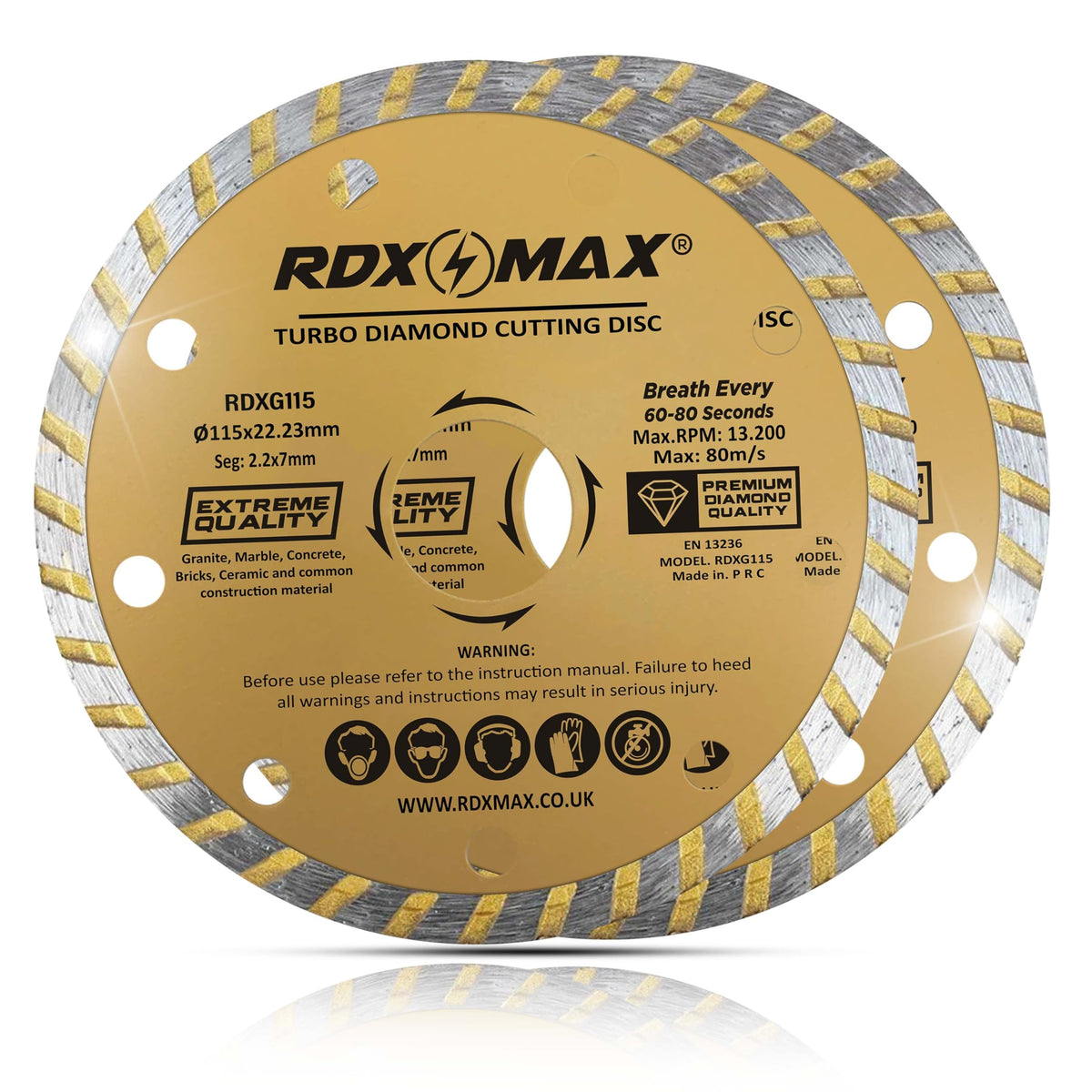 RDXMAX ® 115mm Diamond Cutting Discs for Angle Grinder-Super Thin Fast,Clean Cut on Porcelain,Granite,Marble,Concrete,Tiles,Stones,Bricks & Ceramics-4.5 inches Wheel -Size 115 x2.2 x22.23mm- 2 Pack Golden