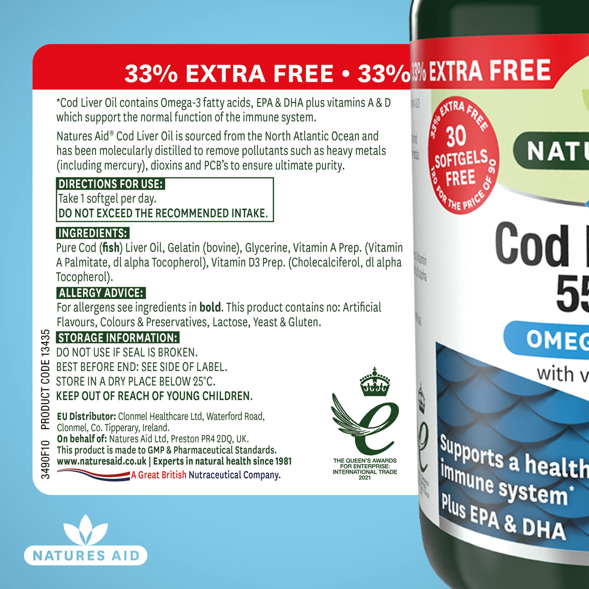 Natures Aid Cod Liver Oil 550 mg 120 Softgel Capsules (Providing 120 mg Omega-3, with Vitamins A and D, For The Normal Function of the Immune System, Purity Guaranteed, Made in the UK)