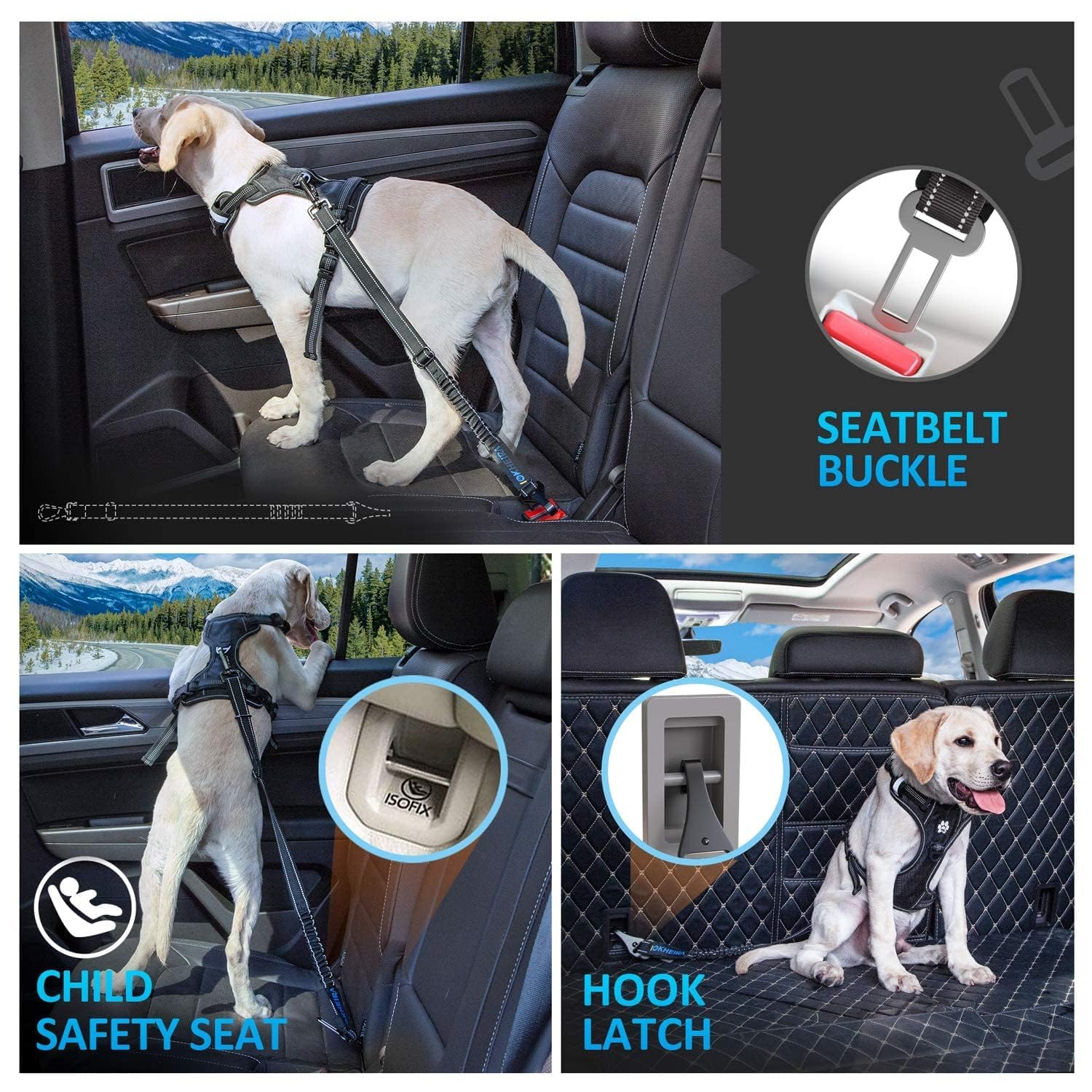 IOKHEIRA Dog Seat Belt for Car, Dog Car Harnesses Suitable for Safety Belt Buckle, ISOFIX and LATCH