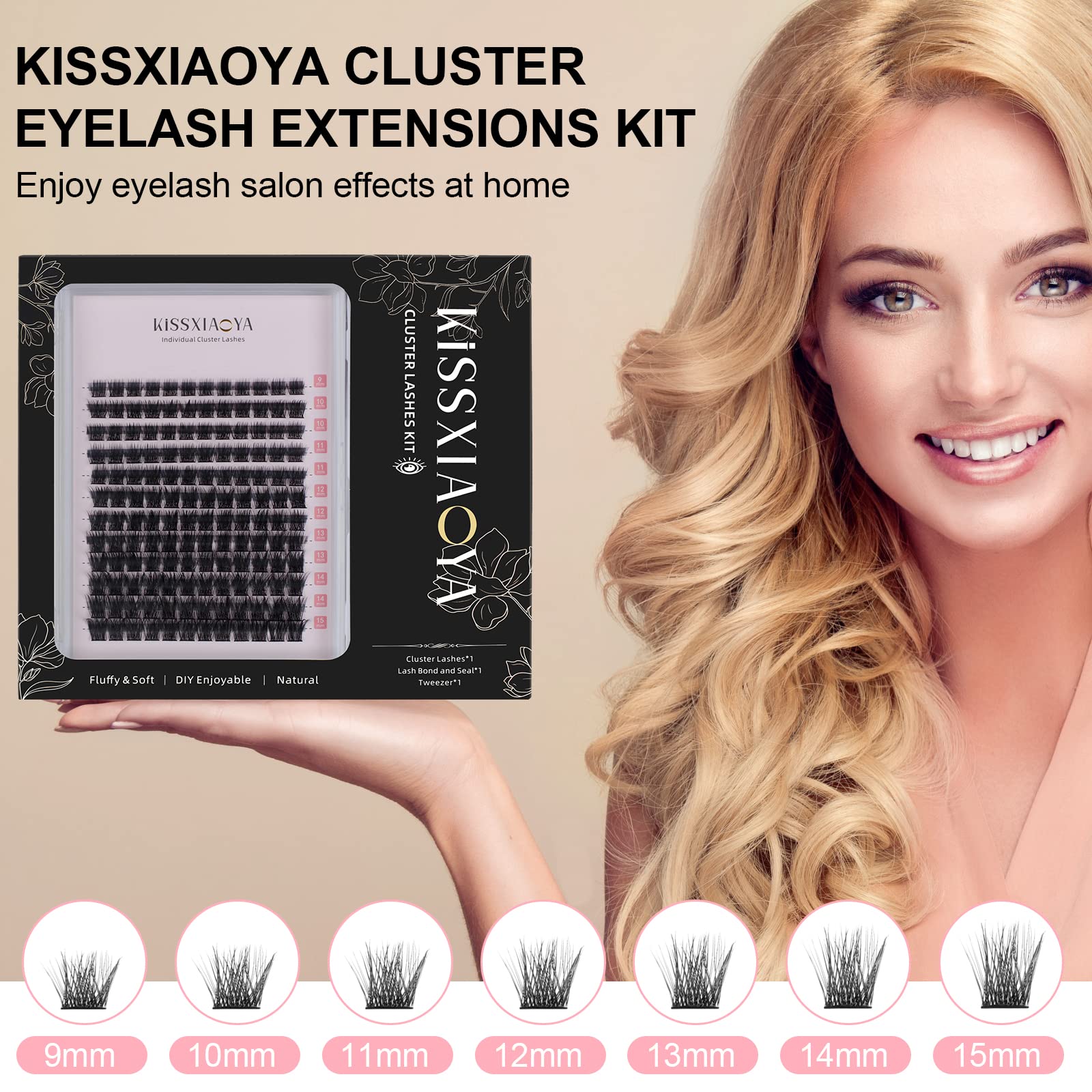 DIY Cluster Eyelash Extensions Kit with Lash Bond & Seal and Applicator, 144 Pcs 0.10mm 56D 9-15mm Mixed Wide-stem Cluster Lash, Individual Lashes Kit at Home (144P Eyelash Kit, Mix 9-15mm)