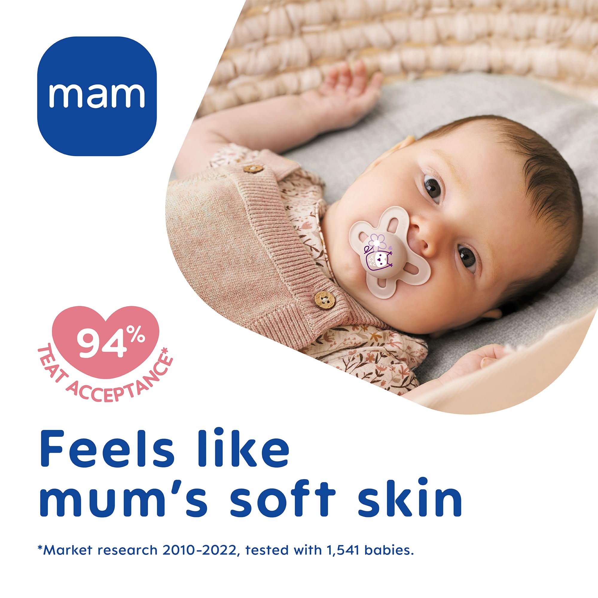 MAM Original Start Soother 0-2 Months (Pack of 2), Baby Soother Made from Sustainable Material, SkinSoft Silicone Teat, with MAM Soother Case, Cream