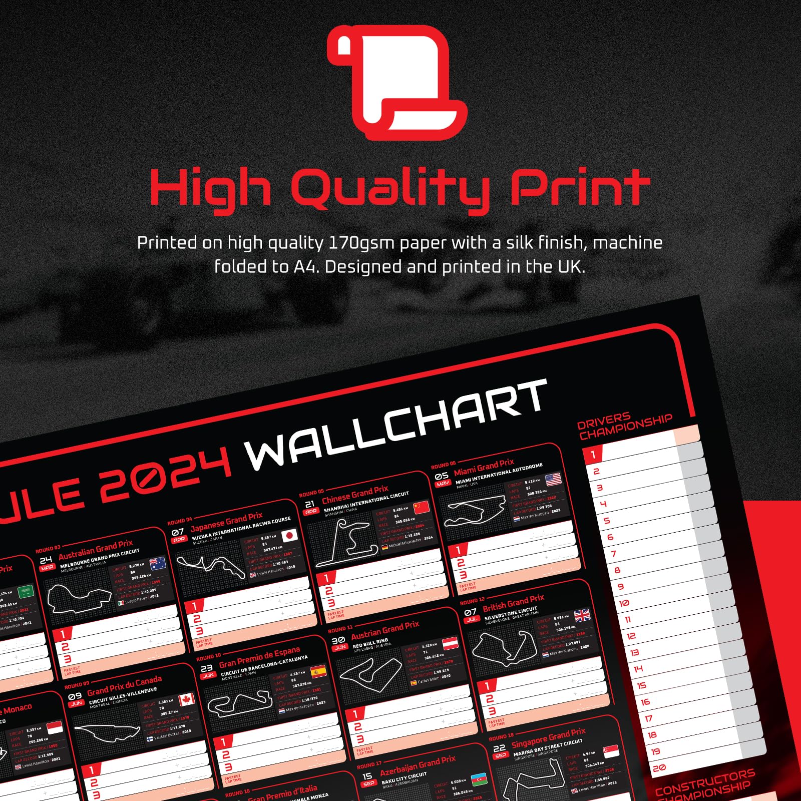 F1/Formula One 2024 Wall Chart (A2 folded to A4)