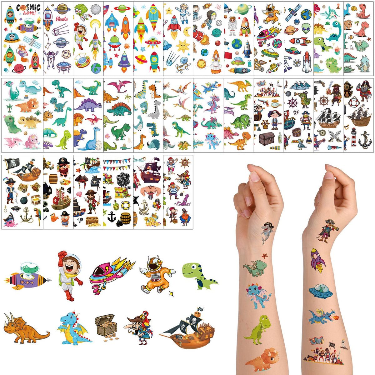 ACWOO Temporary Tattoo for Kids, 30 Sheets Animal Dinosaur & Pirate & Space Cartoon Tattoo, 390and Patterns Mixed Style Temporary Tattoo Stickers, Waterproof Fake Tattoo for Birthday Party Bag Filler