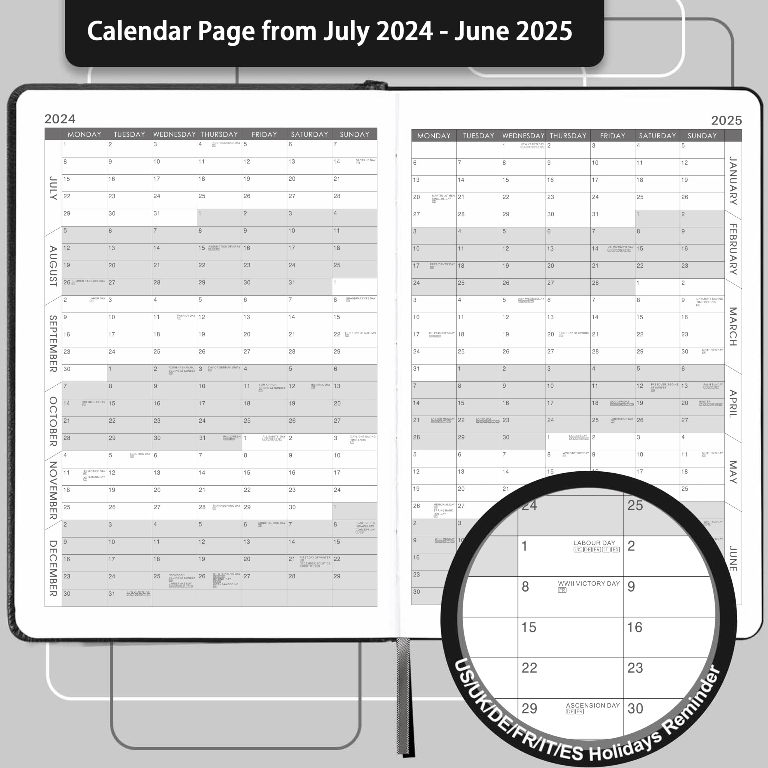 Academic Diary 2024-2025 - Diary 2024-2025 A5 Page A Day from July 2024 to June 2025, Productivity Daily Planner with Monthly Tabs, Inner Pocket, Grey, Banded,14.3 X 21 cm