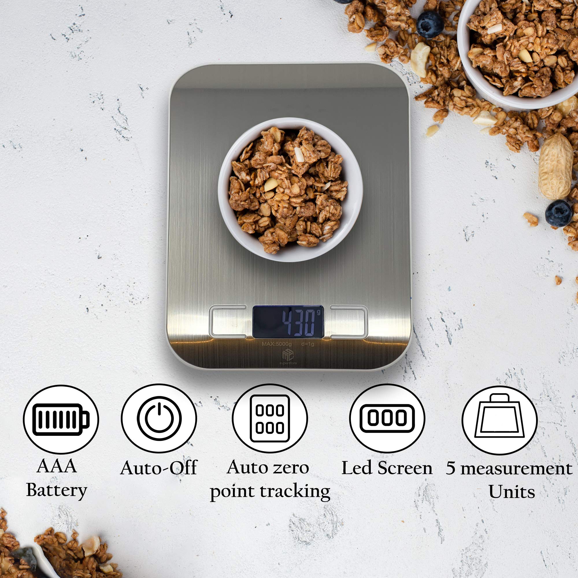 Kitchen Scales MSC Digital Electronic Coffee Weighing Scale for Cooking Baking High-Precision Food, Jewelry Weight Scales, LCD Display, Multifunctional, Tare Feature, Stainless Steel 5kg-AAA