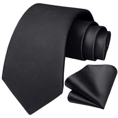 HISDERN Black Ties for Men Funeral Extra Long Black Tie Handkerchief Solid Color Necktie and Pocket Square Set For Wedding Business Work