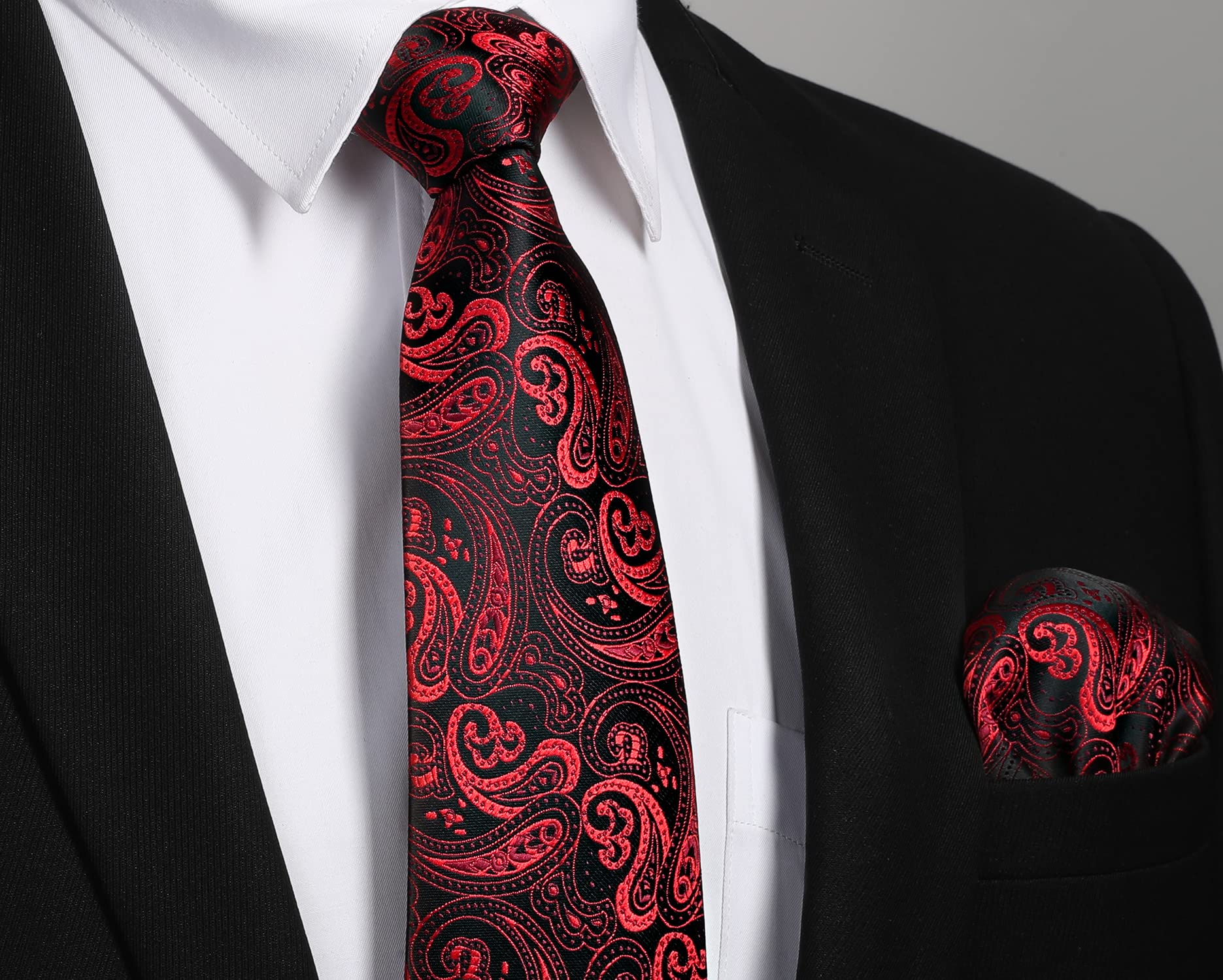 HISDERN Men's Paisley Floral Tie Handkerchief Wedding Party Necktie & Pocket Square Set For Classic Business (One Size, Burgundy/Black)