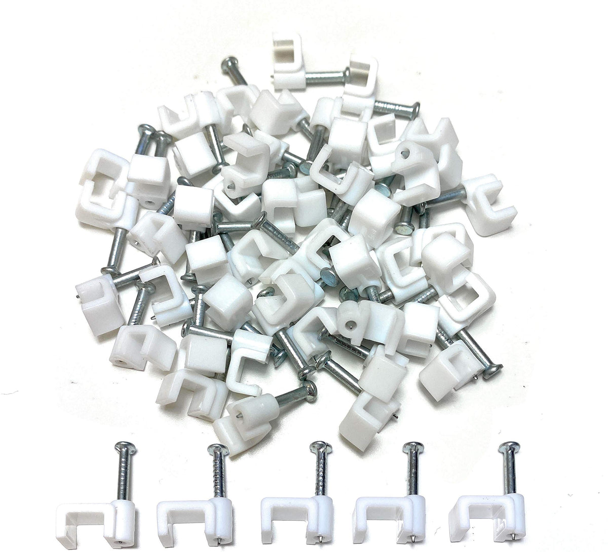 White Plastic Flat Electrical Wire Cable Clips TV Phone Internet Lead Fixings 50 Pieces (6mm)