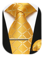 Enlision Tie Men Yellow Ties and Pocket Square Set Plaid Check Ties For Men With Tie Clip Business Formal Wedding Necktie Handkerchief Tie Pin Gift Sets,Yellow