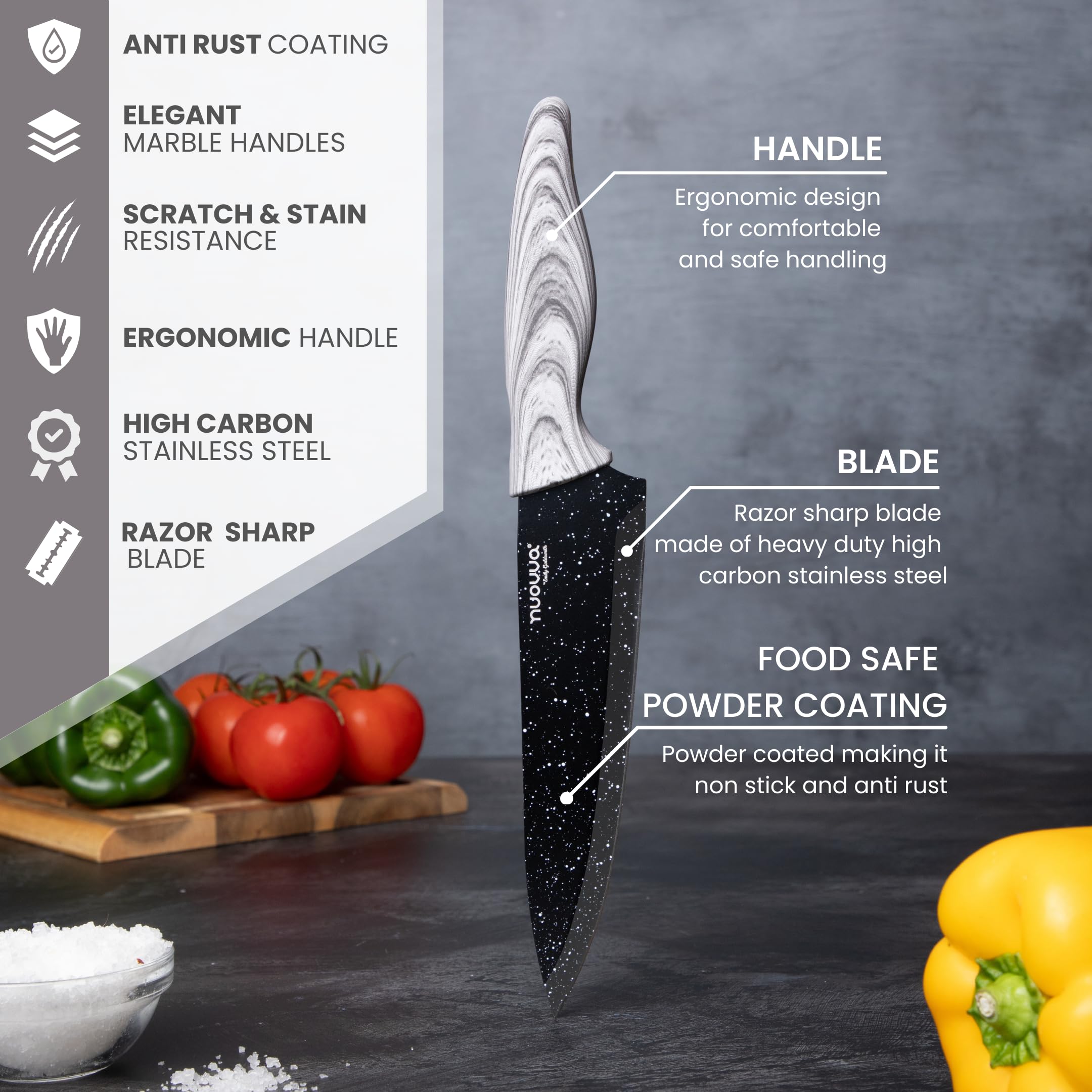 nuovva Professional Kitchen Knife Set – 5pcs Black Granite Kitchen Knives – Stainless Steel Granite Non Stick Blades – Chefs, Filleting, Bread, Paring and Utility Knives