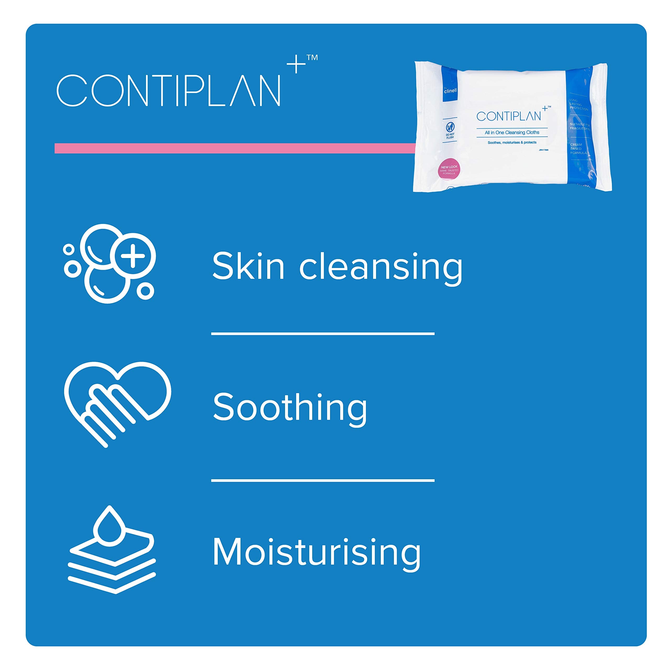 CONTIPLAN Incontinence Cleansing Cloths with Barrier Cream - Packs of 8 Cloths - All in One Cleansing Wipes Cleanses, Soothes and Moisturises - White