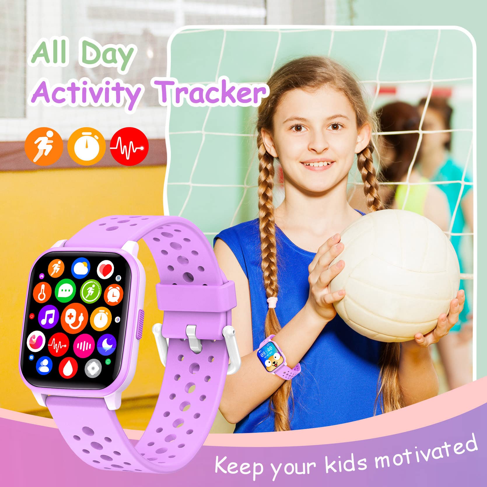 LAMA Kids Smart Watch, 1.4 inches Touch Screen Activity Trackers, Fitness Trackers With Heart Rate Monitor, Waterproof IP68 Tracker Watch Pedometer Stopwatch, Smart Watch for Girl Boy, Purple