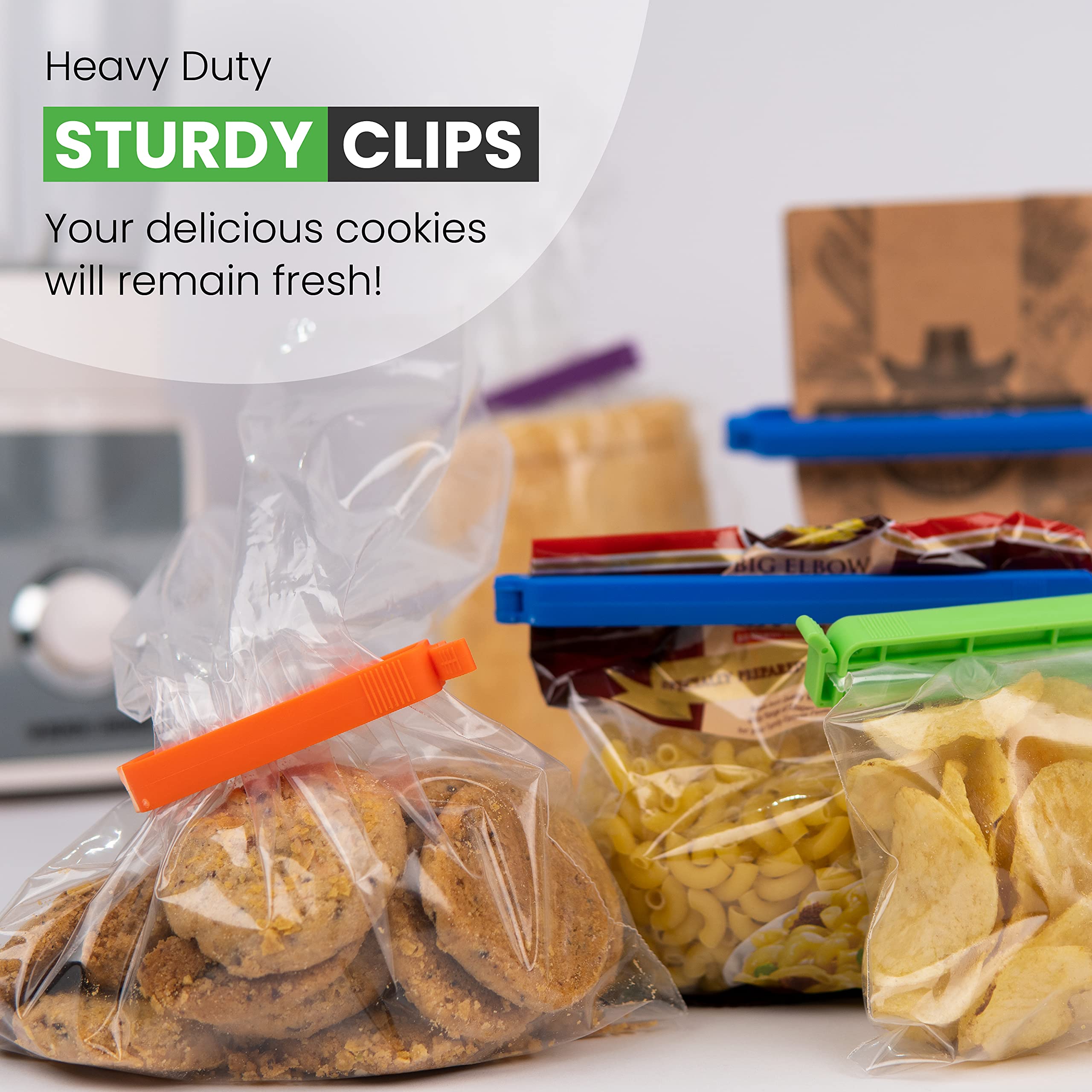 Bag Clips for Food Storage - Pack of 15 Sturdy Food Clips in 3 Assorted Sizes & 4 Colors for Sealing Food, Snacks, Coffee - Reusable Bag Sealer Clips for Home, Kitchen & Office (15Clips)