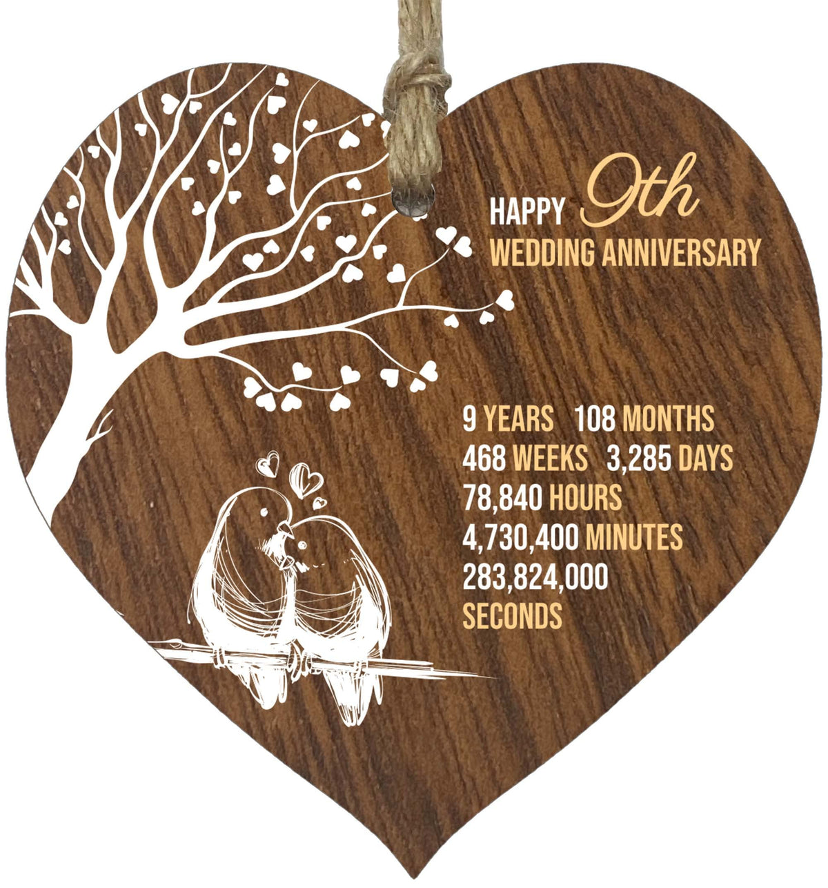 9th Wedding Anniversary Wooden Heart Plaque, Dark Wood Sign Keepsake, Celebrate Willow Pattern/Pottery Anniversary Wife Husband Boyfriend Girlfriend, Plaque with Quotes Gifts from the Kids