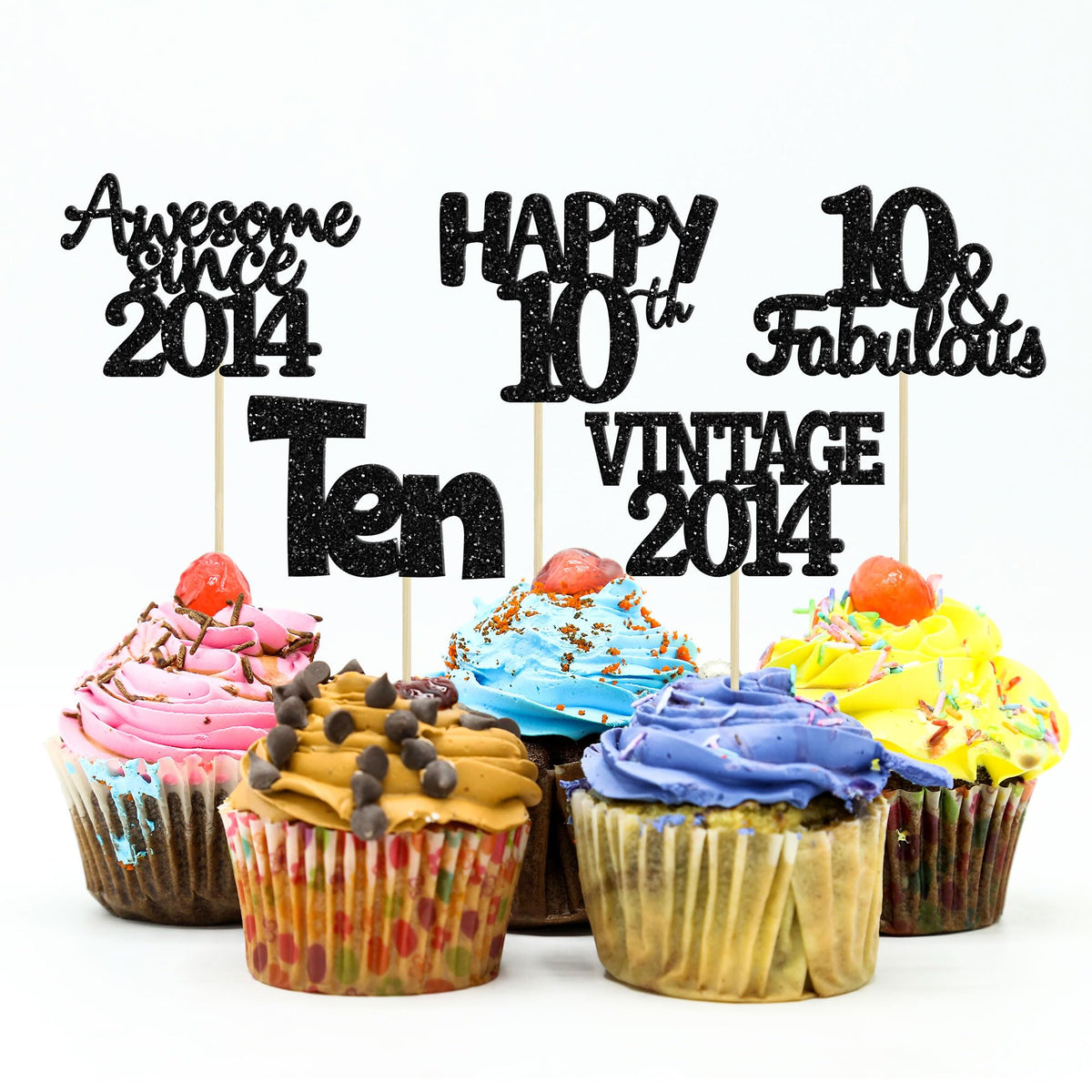 Gyufise 30Pcs Vintage 2014 Cupcake Toppers Glitter Ten Happy 10th Cupcake Picks Cheers to 10 Years Birthday Cake Decorations for Happy 10th Birthday Anniversary Party Supplies Black